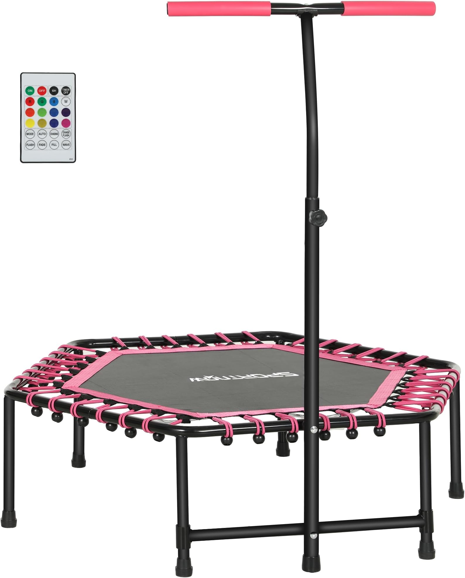 45" Fitness Trampoline with Adjustable Handle, Mini Trampoline for Adults with LED Lights, Bungee Rebounder for Indoor Exercise Workout, Max Load 220lbs, Pink