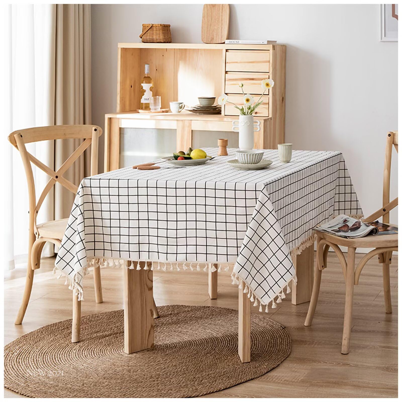 Obrus w kratkę z frędzlami 140x220 cm, podłużny, bawełniano-lniany, odporny na kurz, do dekoracji stołu kuchennego i jadalnego