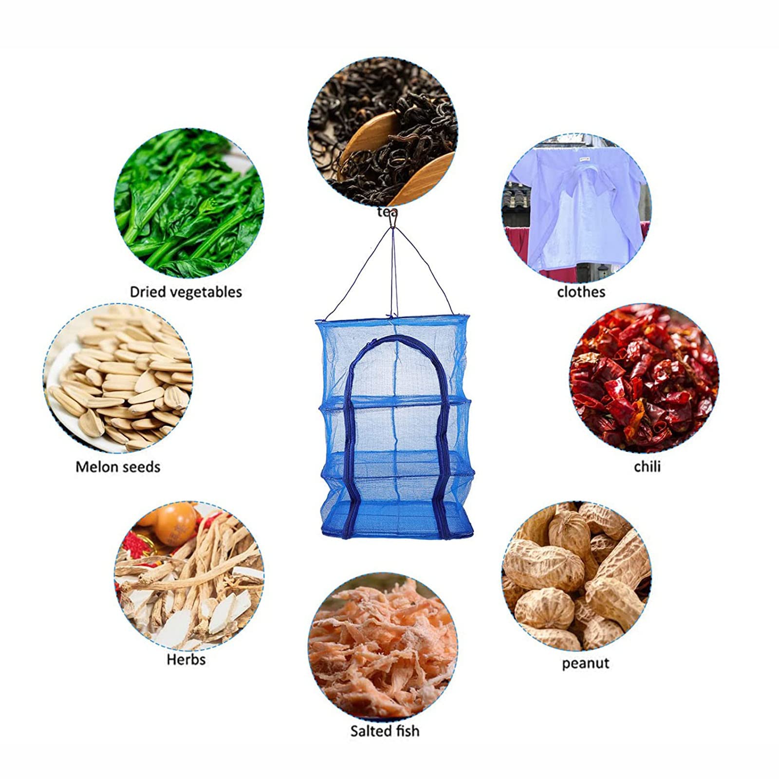 Hängend Trocknen Gestell Netz 3 Lagen Fleisch Trocknen Netz Falten Gemüse Fisch Teller Gittergewebe Mit Reißverschluss(Size:50x65cm,Color:Blau)