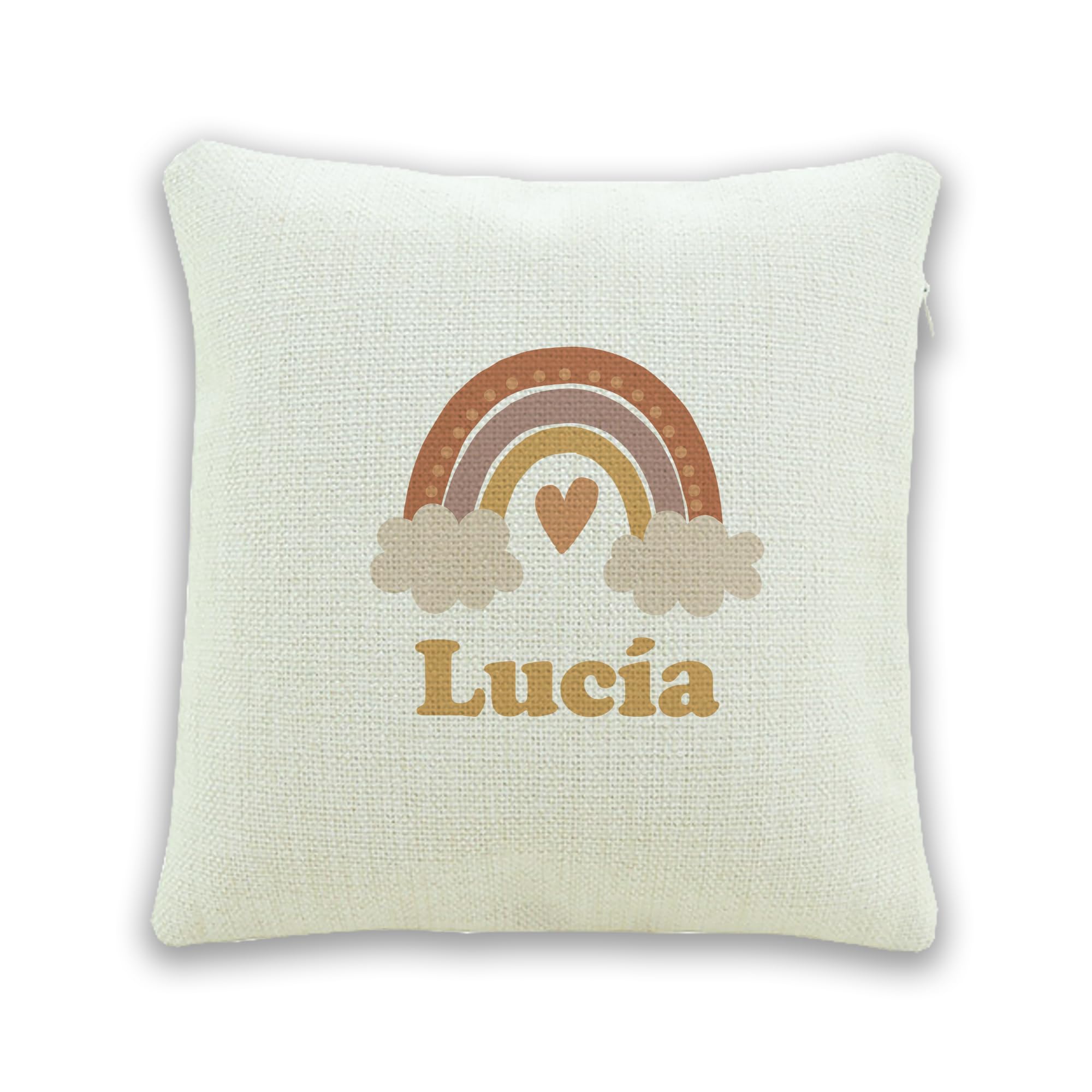 Funda de Cojín Infantil Personalizada con Nombre | Arcoíris, Estrella, Corazón, Luna y Sol 9 Diseños, 40x40, Símil Lino, Bohemio Étnico, SarAgu