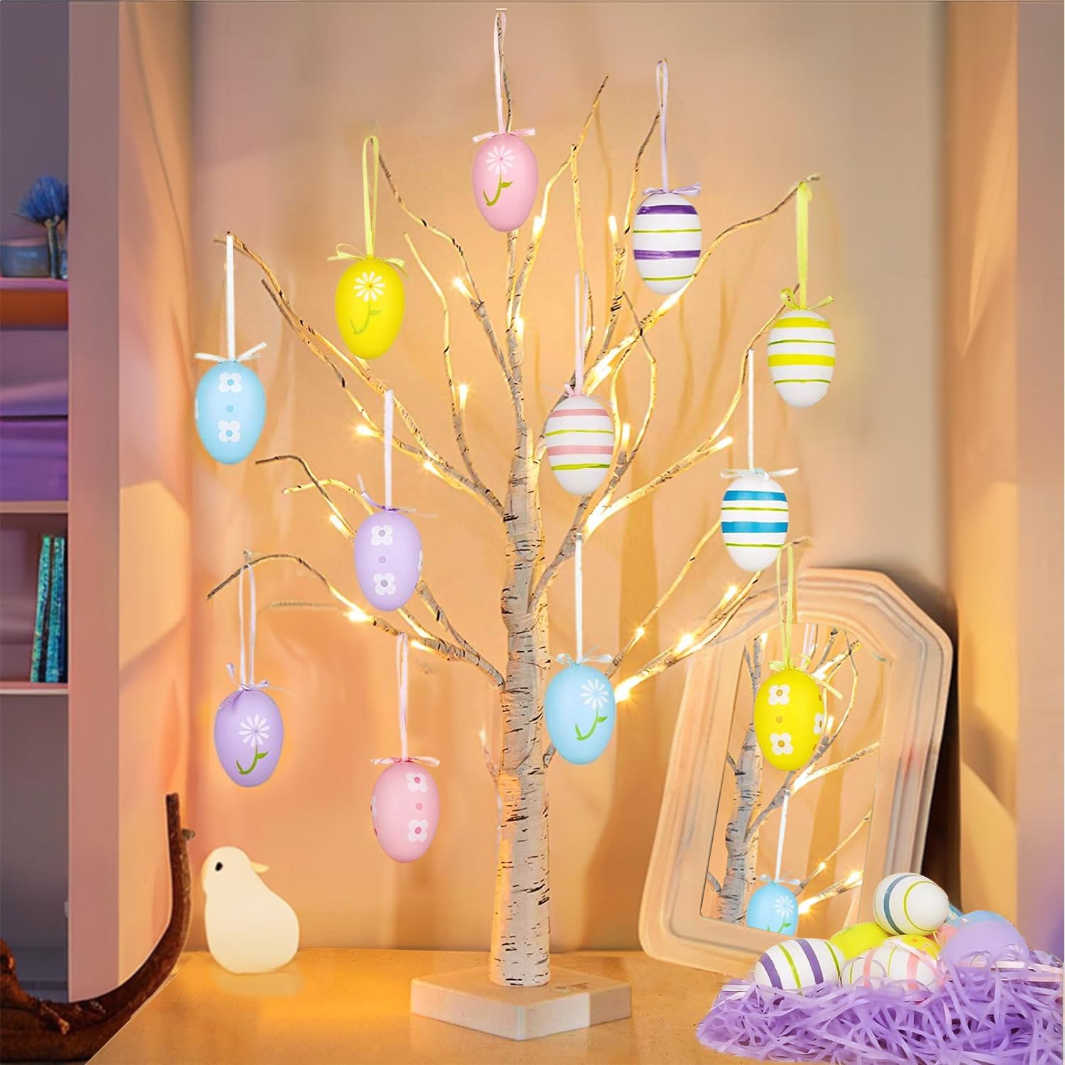 Arbre à œufs pour Pâques | Centre de table pliable à DEL de 60 cm, arbre de Pâques alimenté par piles et USB, pour salon, maison, cheminée, cheminée