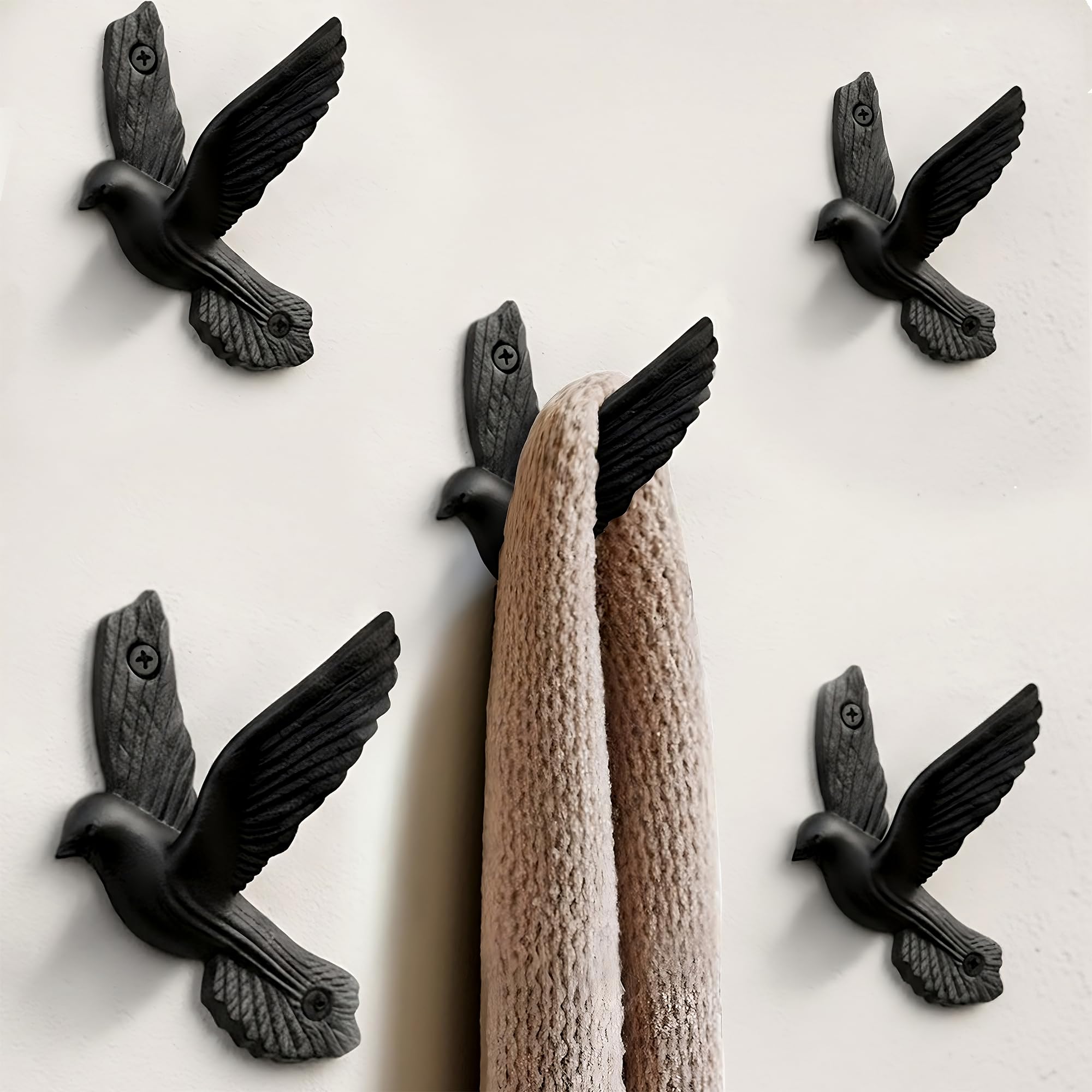 Ambipolar Iron Cast Decorative Pigeon Bird Wall Mounted Coat Hooks, 5 Pieces, Black