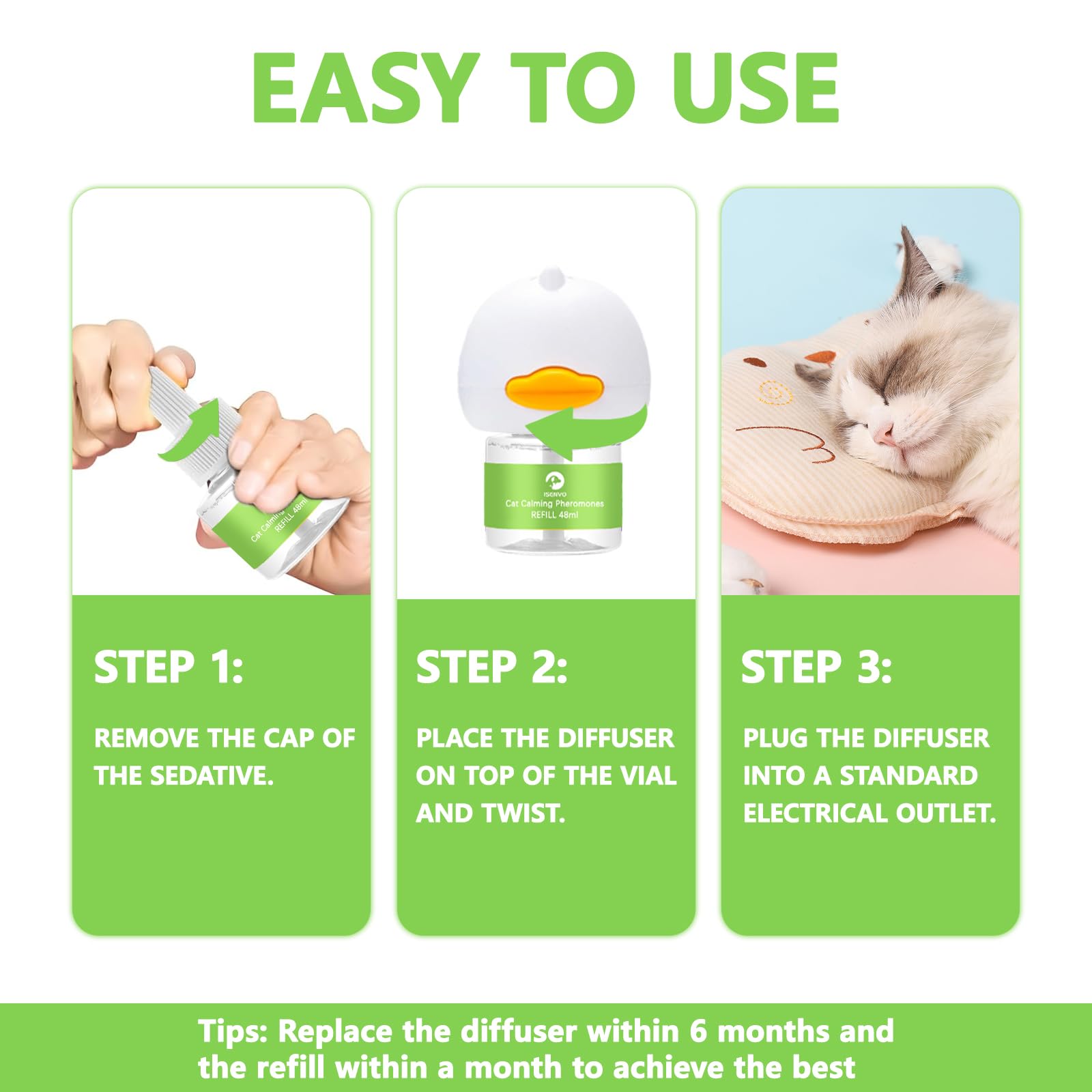 Cat Pheromones Calming Diffuser, 2 in 1 Cat Calming Starter Kit (Diffuser Head + 2pcs 48ml Vial) for 60 Days Use, Enhanced Cat Calming Diffuser Kit for Cat Anxiety Relief - image 6