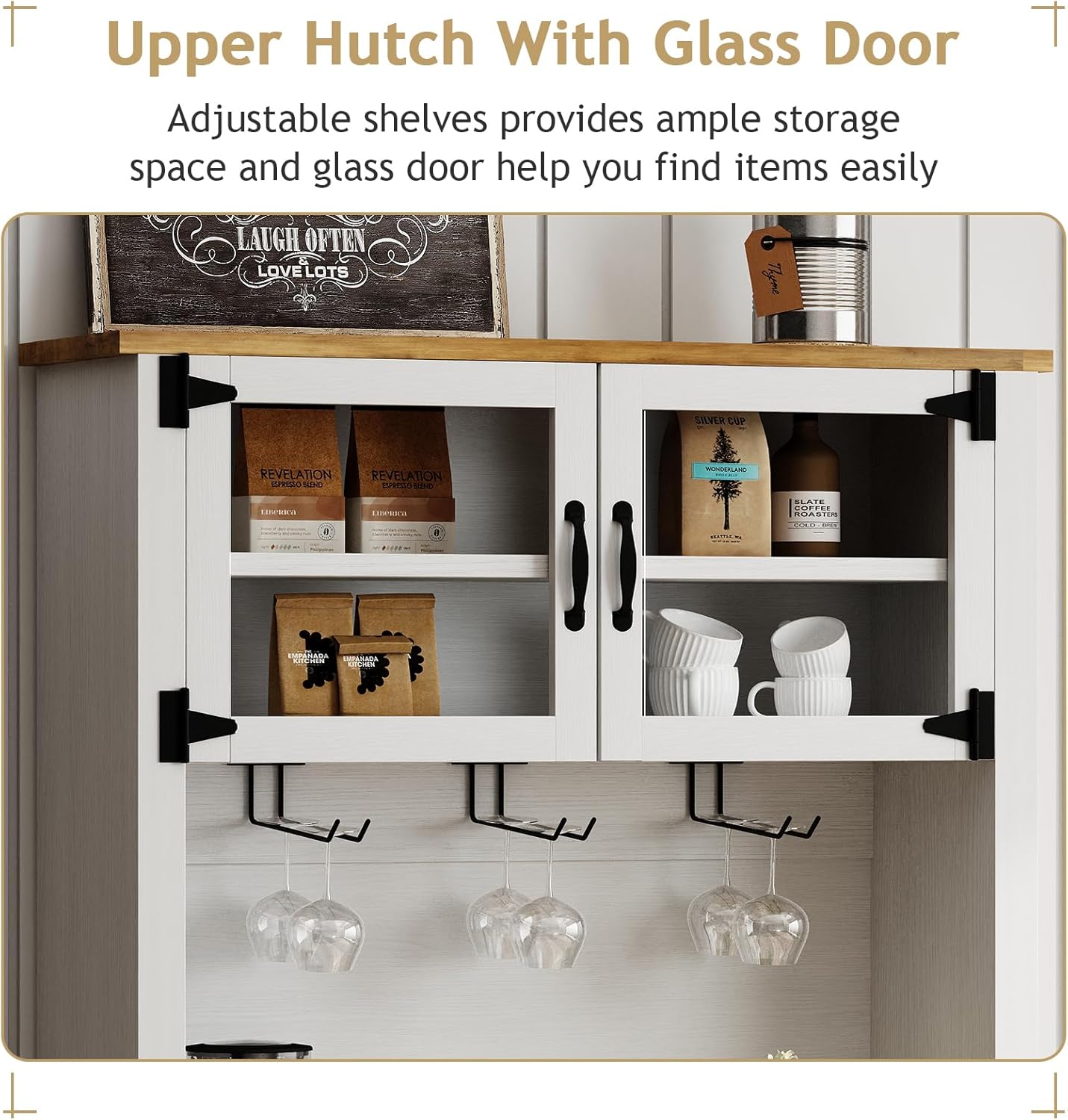 Upper hutch with glass doors and adjustable shelves