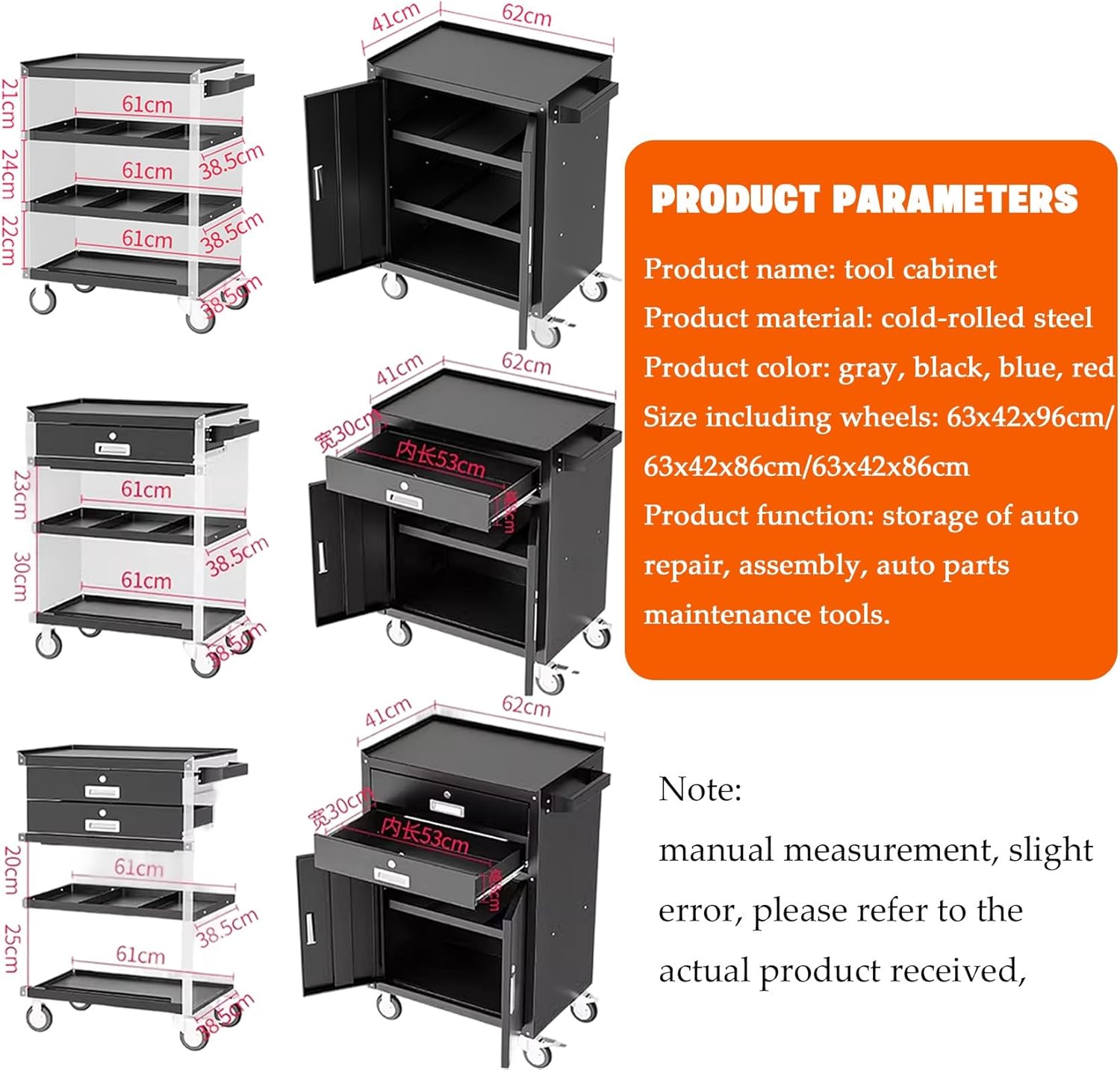 Metal Garage Storage Cabinet with Wheels,Lockable Storage Cabinets with Adjustable Shelf, Tool Chest with Wheels & Lock Garage Storage Cabinets Tool Cart on Wheels(Red,No Drawer)