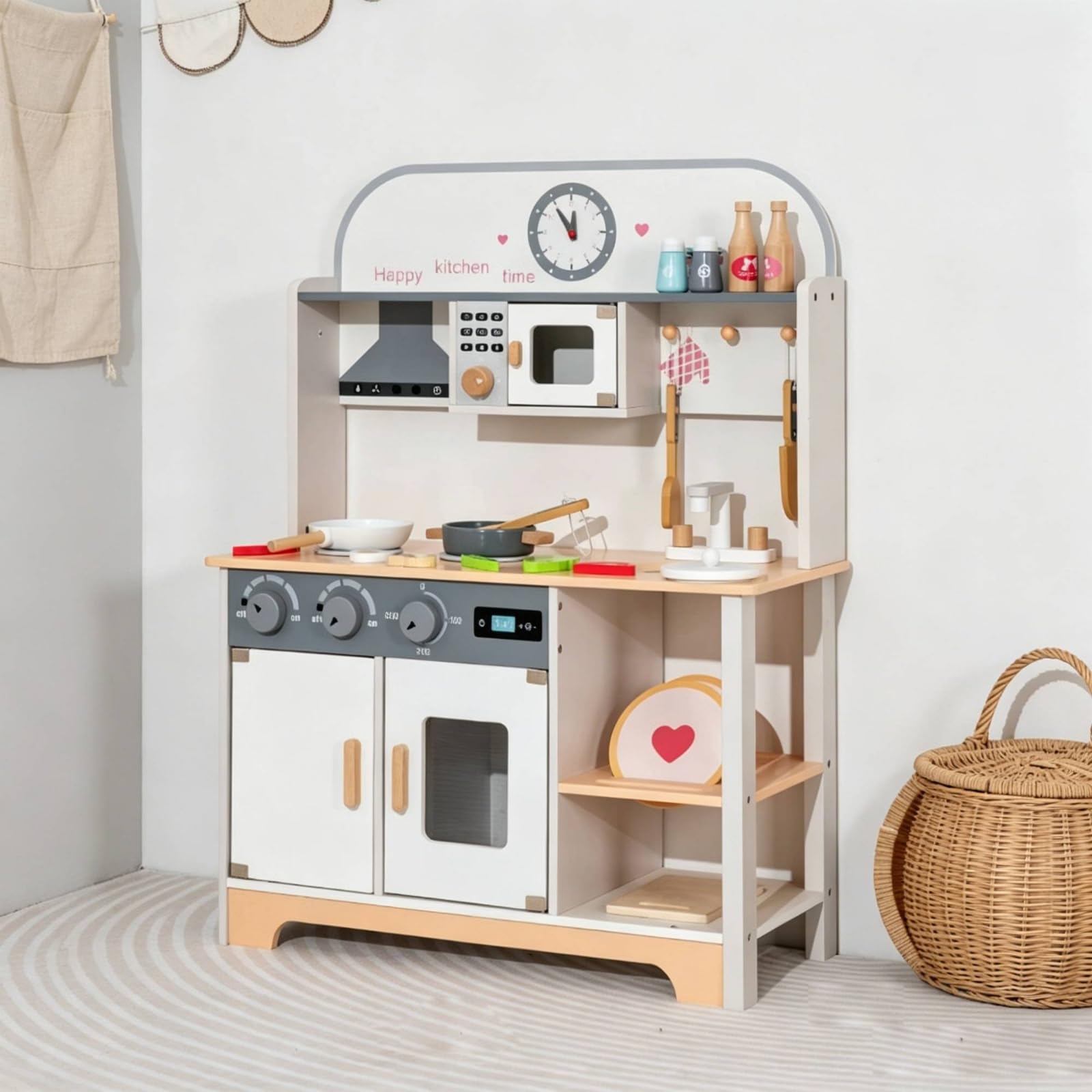 Kinder Spielküche Holz Spielküche Kinderküche Küchenzeile mit Herd Mikrowelle Backofen Und Spülbecken Inklusive Und Haken für Zubehör Freistehend mit, Weißgrau