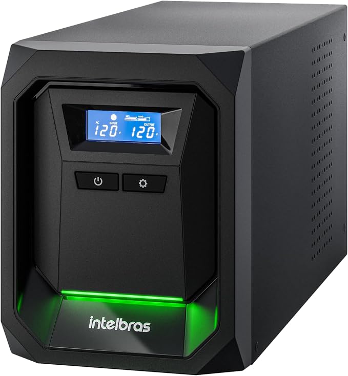 Vista lateral em perspectiva do nobreak gamer Intelbras com iluminação RGB acesa