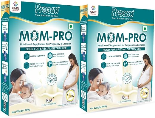 Pro360 MOM Protein Powder Nutritional Supplement for Pregnant and Lactating Mother, Complete Maternal Nutrition during Pregnancy and Breastfeeding – French Vanilla (400+400) g Pack of 2