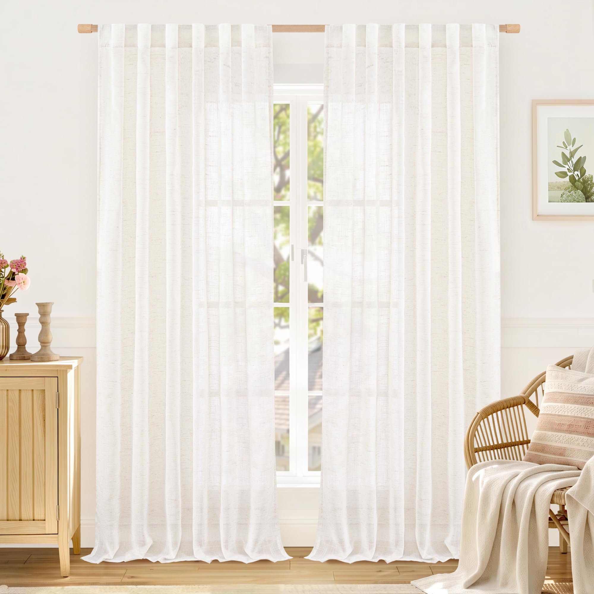 LAMIT Natural Linen Semi Sheer Curtains 84 Inches Long 2 Panels, Living Room Linen Textured Light Filtering Drapes Back Tab and Rod Pocket Neutral Window Panels for Bedroom/Sliding Door, 52 x 84 Inch