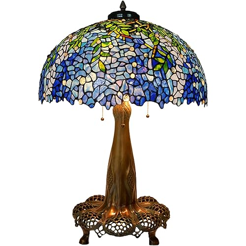 Tiffany Style Table Lamp, 20Inch Wide Wisteria Pattern Glass Lampshade Antique Nightstand Light for Living Room Bedroom Study Desk Decorative,Copper