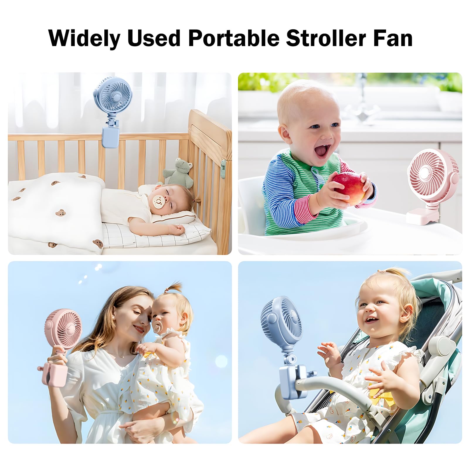 Ventilateur de poussette à clipser pour bébé rechargeable – Ventilateur portable à piles USB pour poussette, berceau, vélo, plage, voyage, camping, rotation à 360°, 4 vitesses du vent, rose