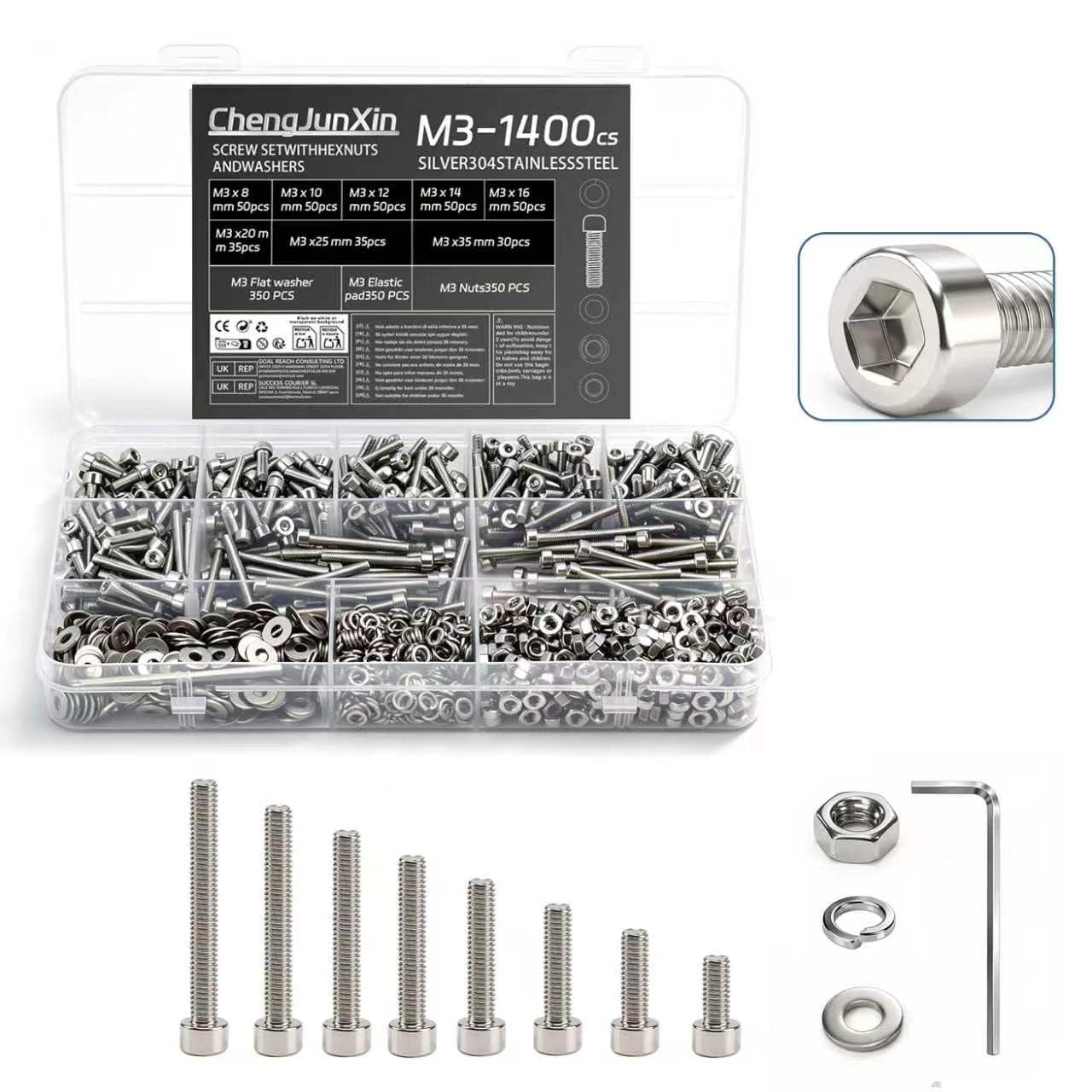 ChengJunXin 1400pcs M3 Nuts and Bolts Set - Stainless Steel Hex Socket Head Cap Screws Assortment, M3 Machine Screws with Hex Nuts, Flat & Lock Washers, Complete Hardware Fastener Kit for DIY Repair.