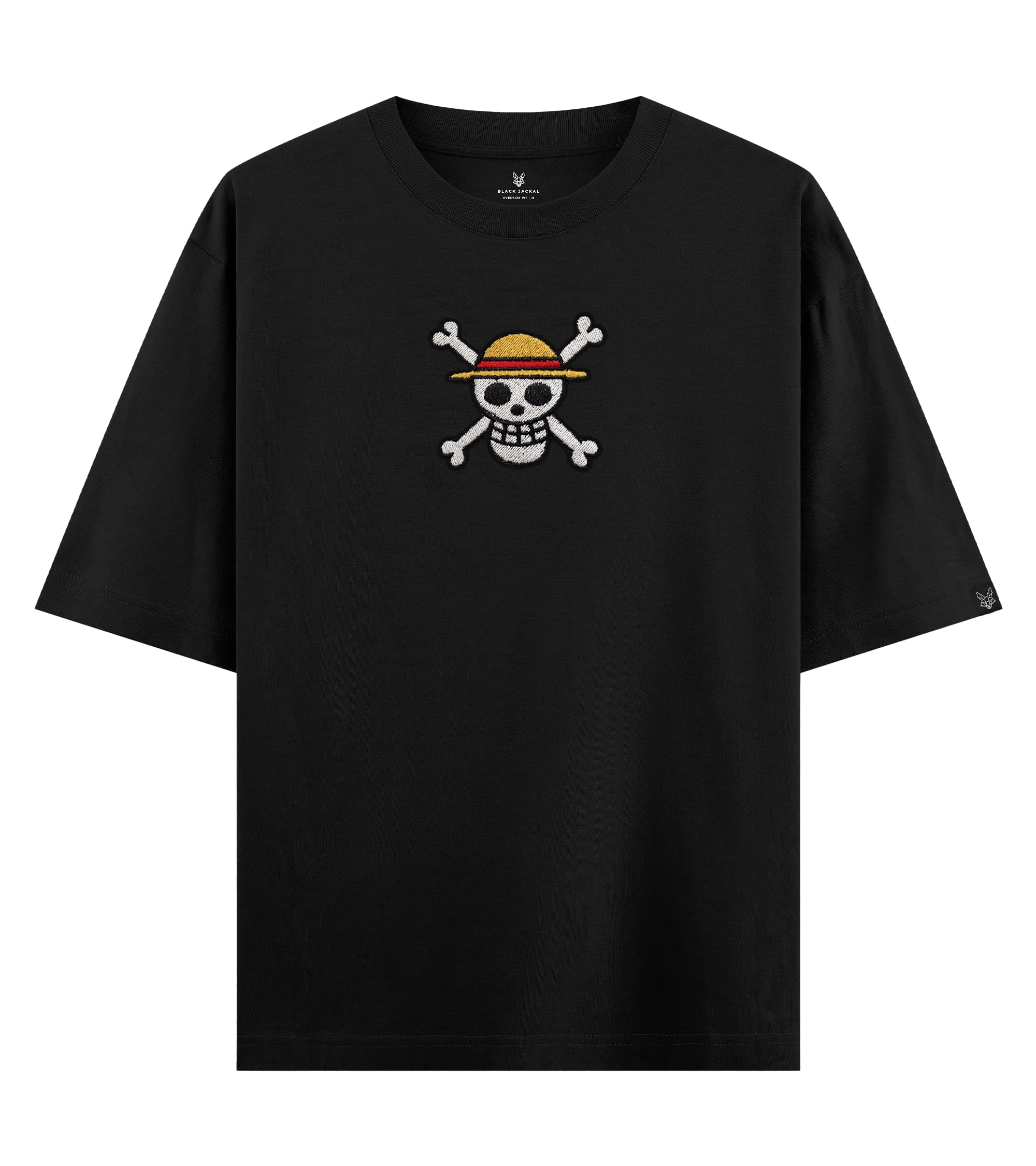Black Jackal Premium Embroidered One Piece Skull Oversized T Shirt for Men & Women Anime Pirate Graphic Design 240 GSM Cotton Drop Shoulder Loose Fit Streetwear Tee-image-6