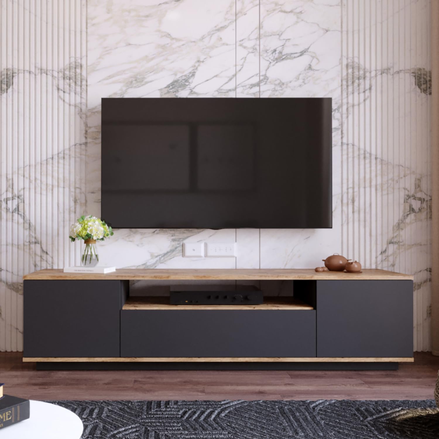 CONCEPT USINE Meuble TV Tyro 3 Portes Abattantes Anthracite 180 cm