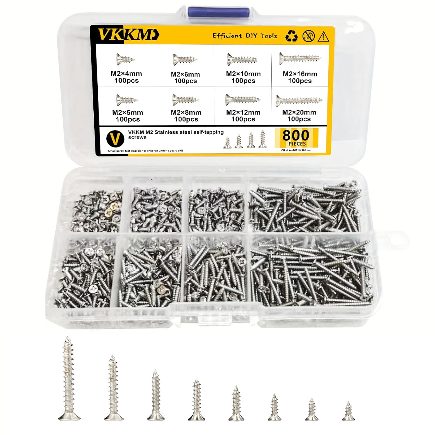 M2 Self-Tapping Screws Kit, 800Pcs Stainless Steel Small Phillips Flat Head Screws Assortment Set, M2 x 4/5/6/8/10/12/16/20mm Short Screws for DIY Projects, Plastic & Electronic Repairs, 3D Printing