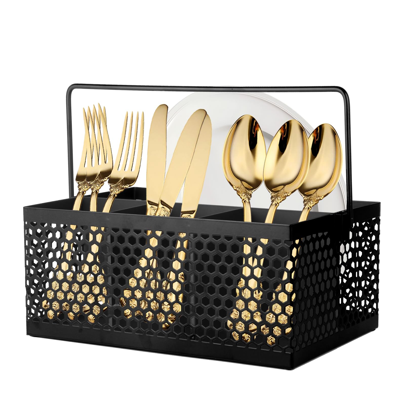 DYGZBLHT Utensil Caddy With Handle - Silverware and Napkin Holder for Party, Picnic, Countertop, Camping - Metal Cutlery Organizer in Black
