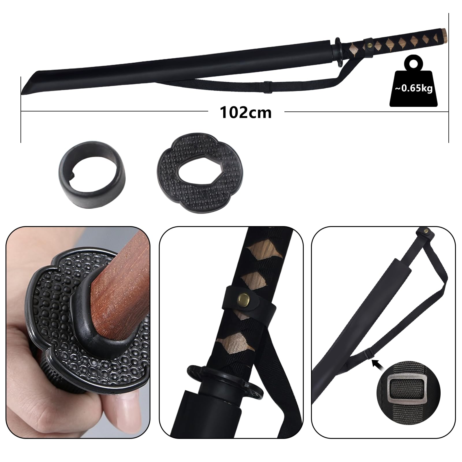 Holz Katana Schwert mit Lederscheide, Samurai Schwert für Rollenspiel und Cosplay