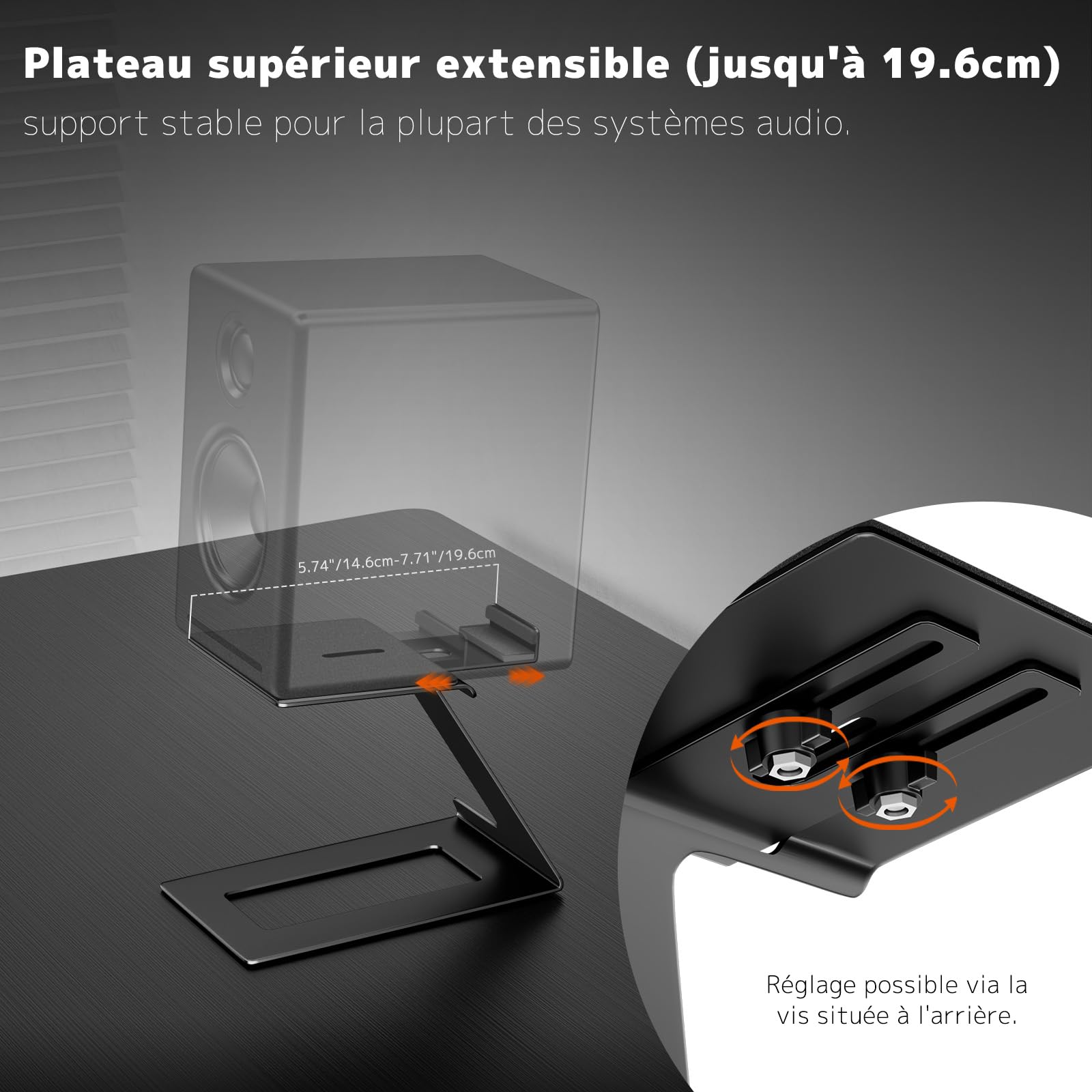 Supports pour Enceintes de Bureau,Supports pour la Plupart des Enceintes Bibliothèque Petites et Moyennes,Profondeur Max 19.6cm,Angle d'Inclinaison 6°,Socles Anti-Vibration avec Pads d'Absorption,Noir