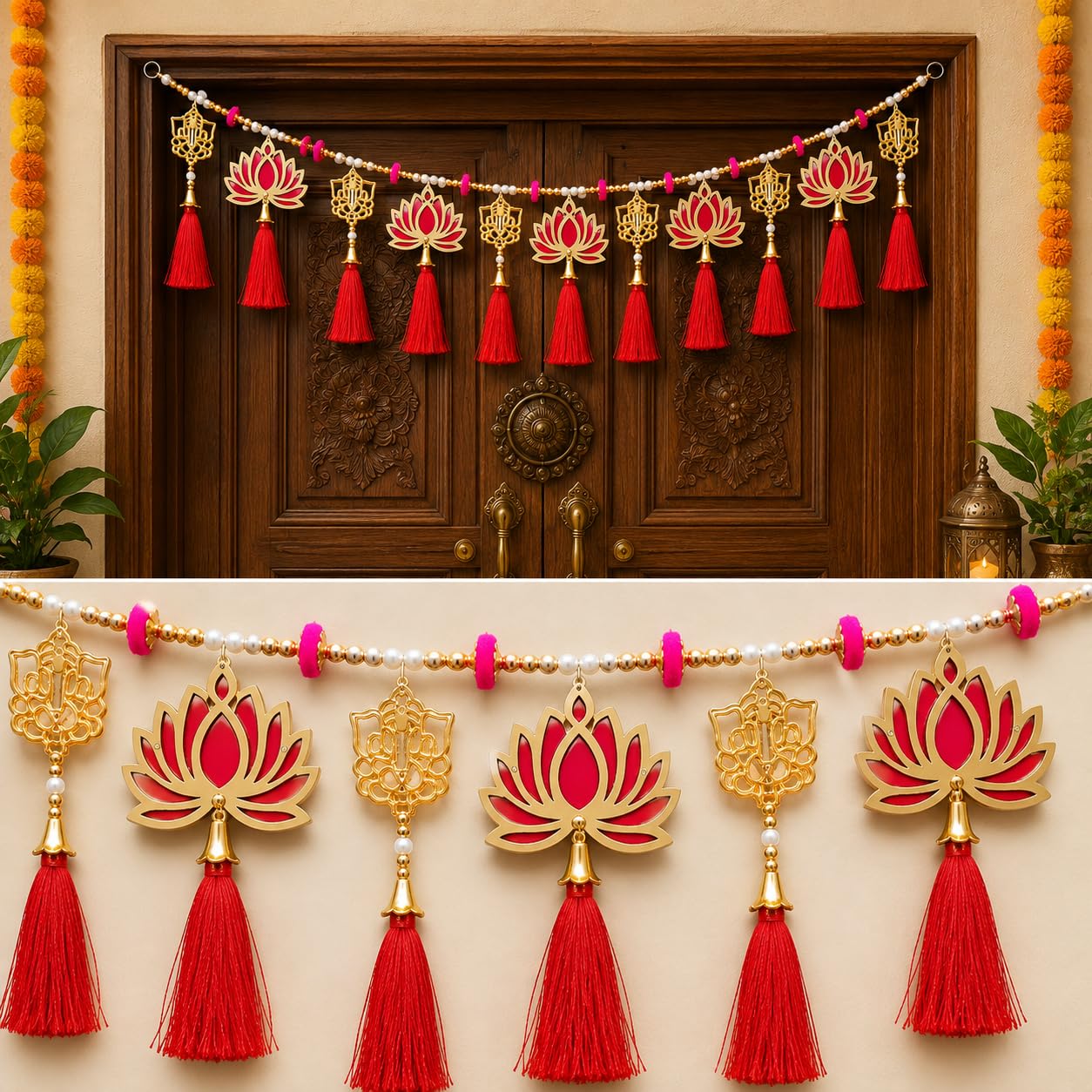Rajasthan Kraft Decorative Lotus & Ganpati Door Toran, 40 Inch – Lotus Decor Toran Door Hanging for Entryway with Ganesha Charms, Red Tassels,Ganpati Decoration Inspired Festive Home Ornament Garland.