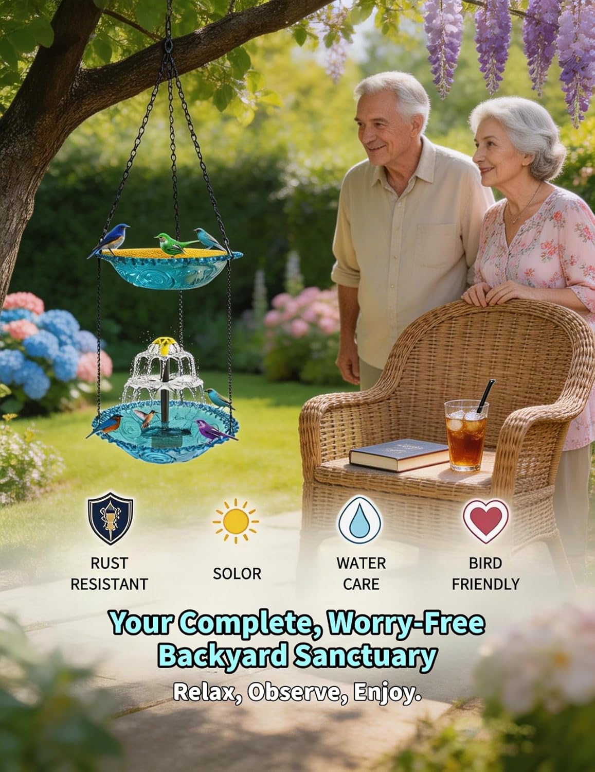 Hanging Bird Bath with Solar Fountain, 9.25" Double Layer Outdoor Birdbath Fountain, Hummingbird Birdbath Fountain for Patio, Yard, Garden Decoration