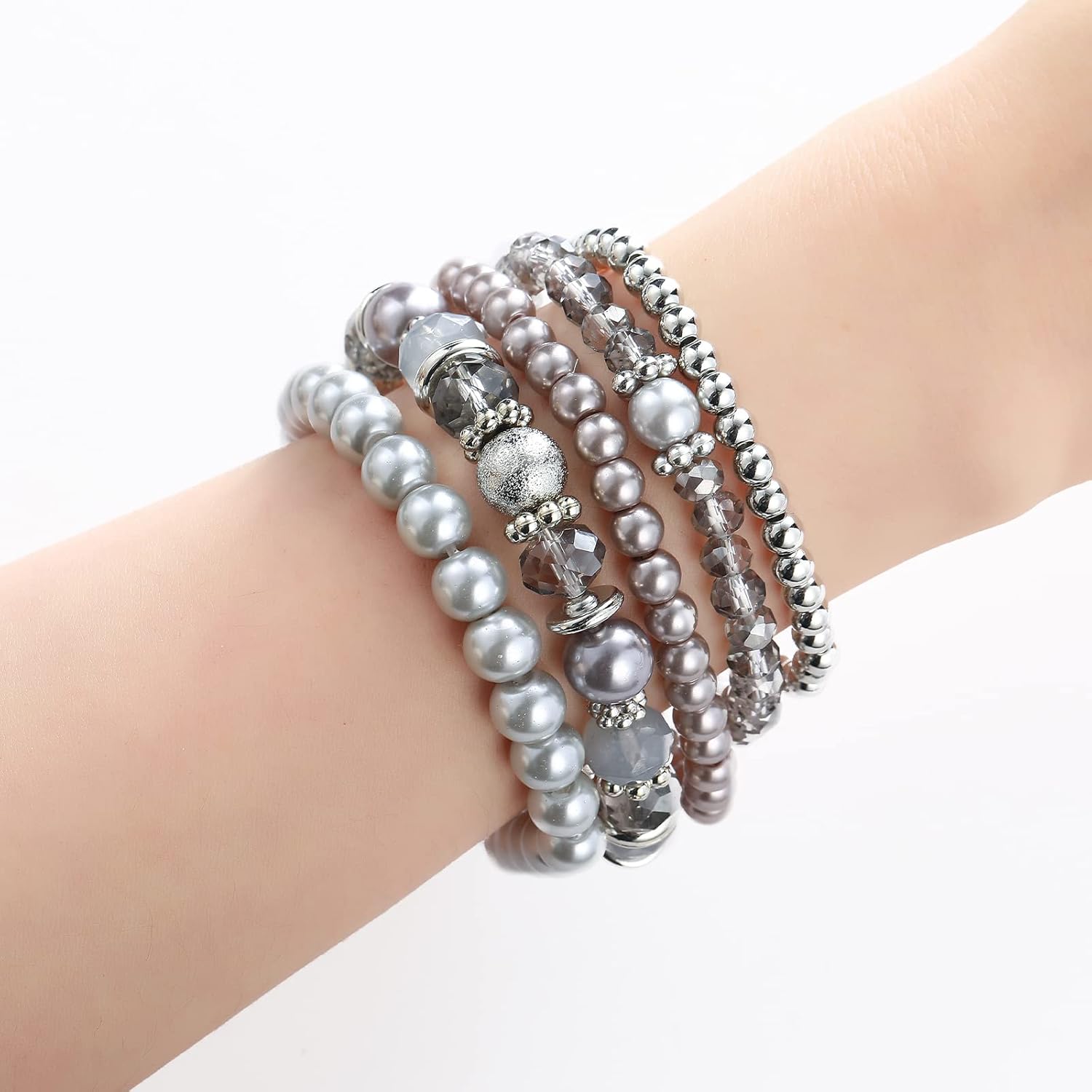 Noessla Beaded Pearl Stretch Bracelet Silver Stackable Crystal Beads Bracelets Trendy Costume Jewelry Mothers Day Gifts for Women - Image 3