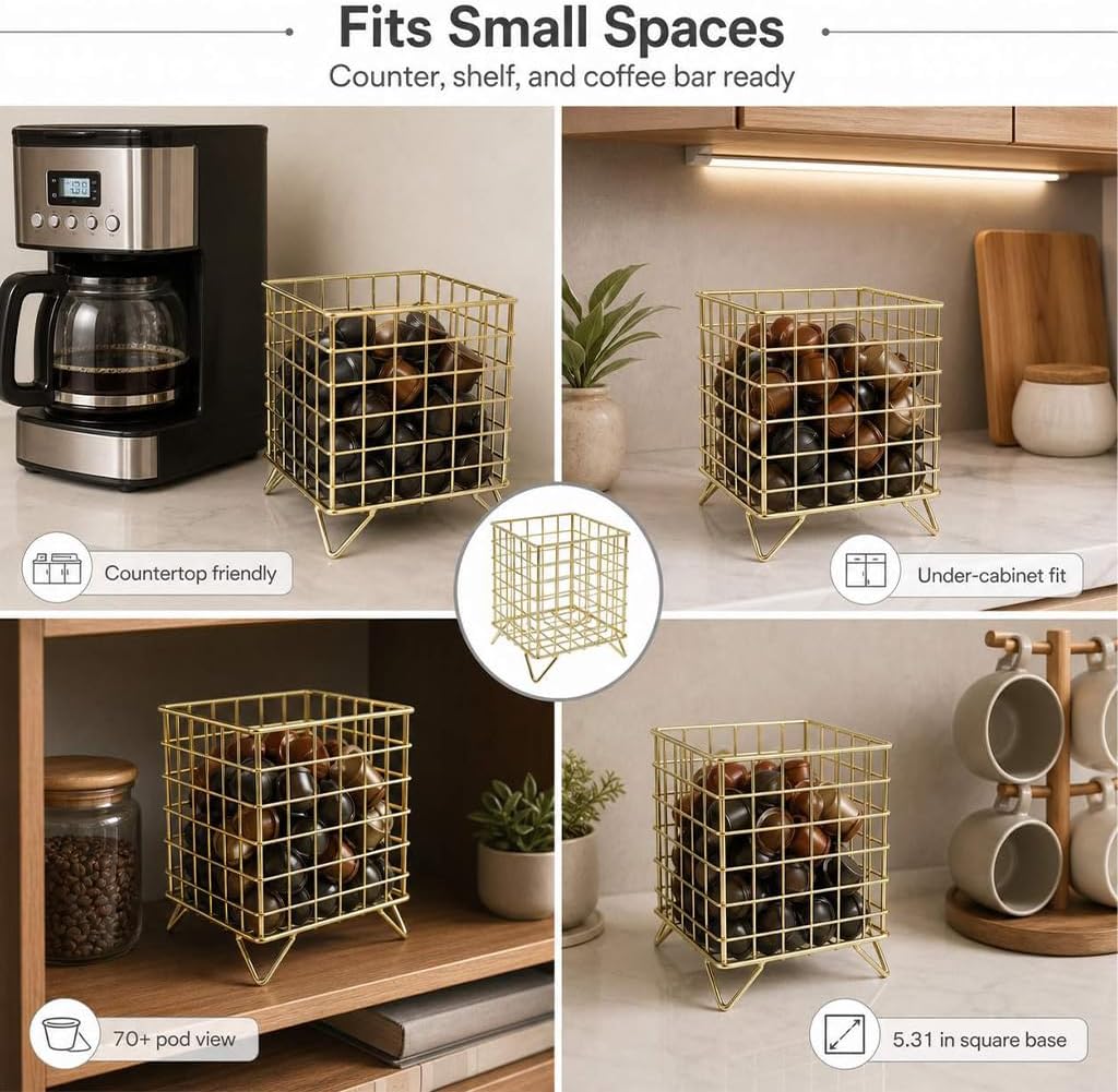 QWORK Coffee Pod Storage Basket, Metal Coffee Pod Organizer for Counter and Office, Large Capacity Coffee Bar Accessories with Cat Ear Feet, Gold Countertop Coffee Pod Holder