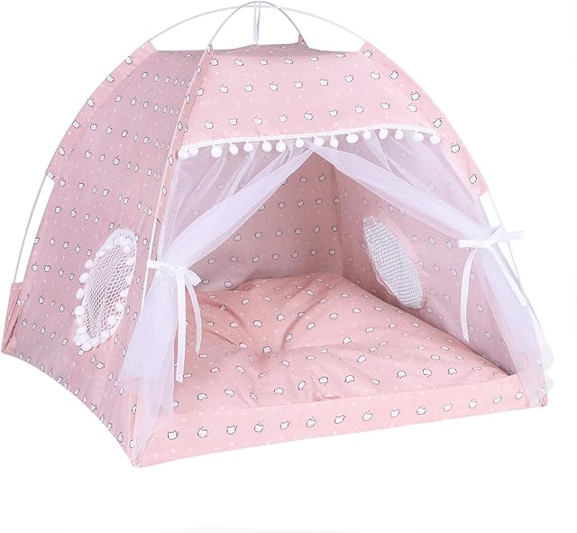 Qchomee Cat Tent Cave Bed with Removable Cushion, 2-In-1 Cat Dog Teepee Bed House Cat Nest Sleeping Bag,Pet Indoor Outdoor House Detachable Breathable Mesh,Four Seasons Universal,48x48x46CM
