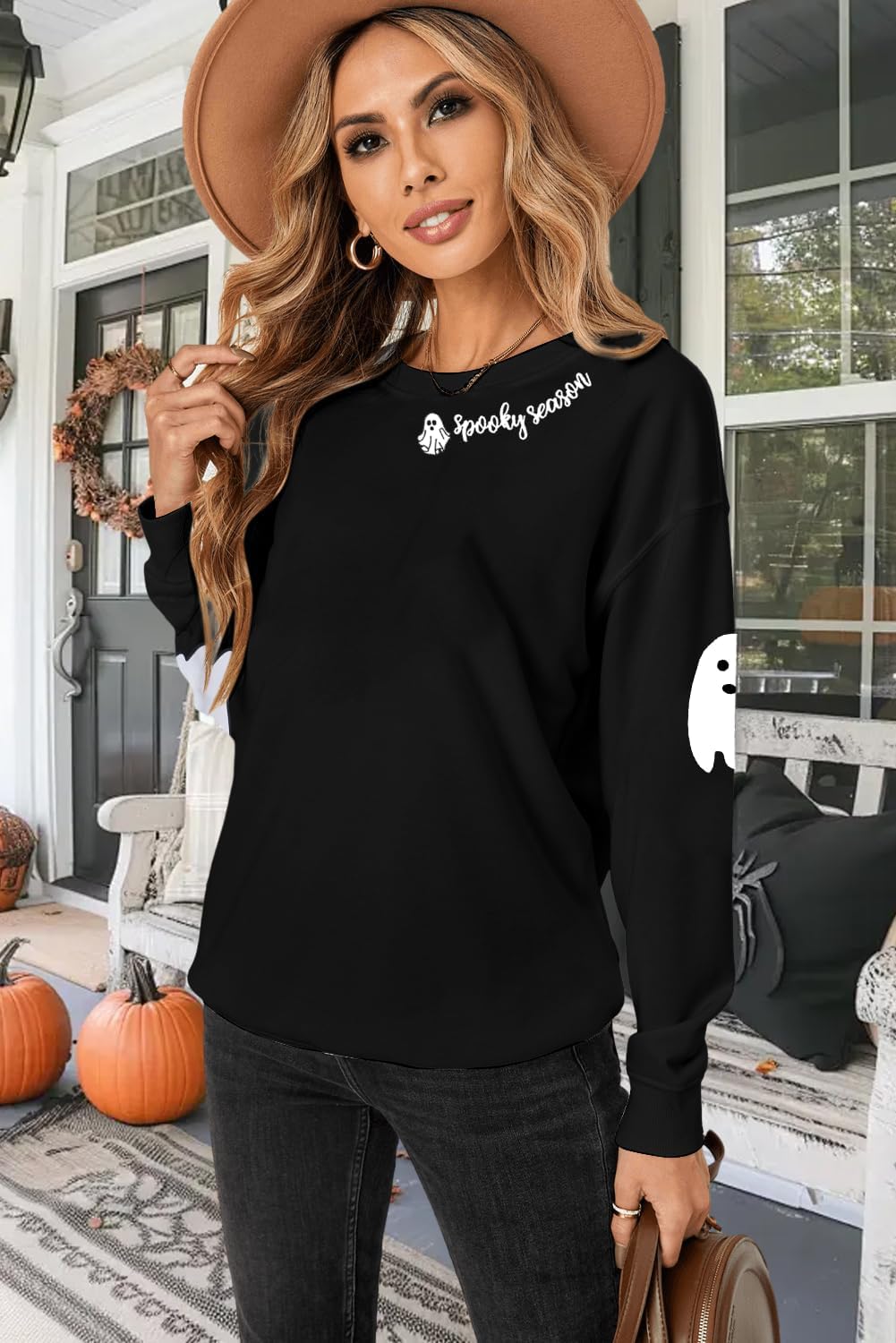 Spooky Season Sweatshirt For Women Halloween Sweatshirt Ghost Fall Long Sleeve Embroidered Pullover Tops - Image 3