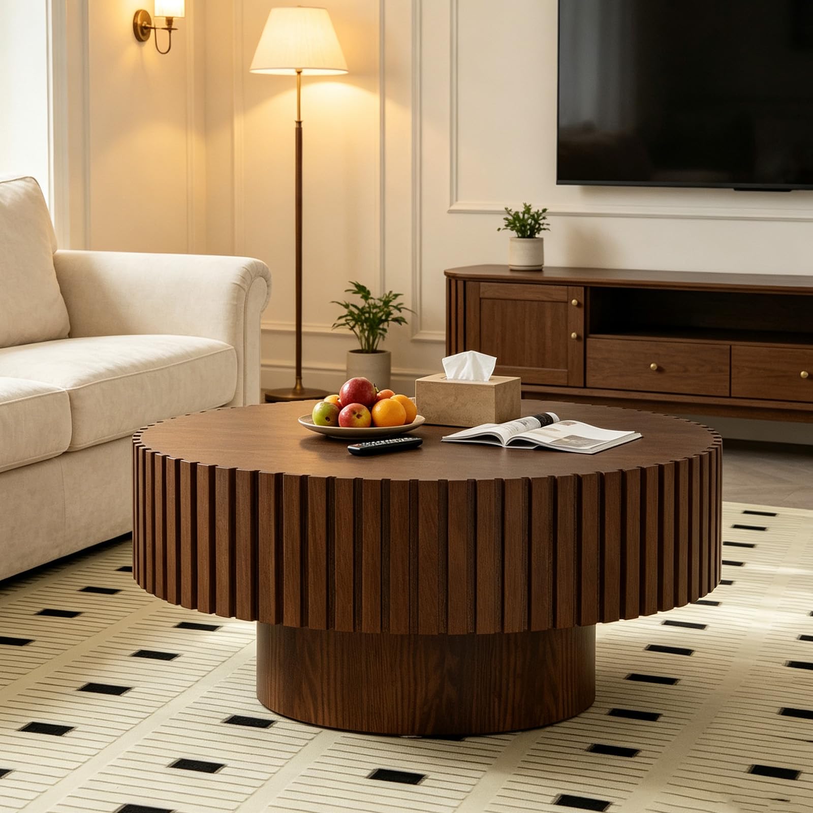 FeiZhiYanS Mid-Century Round Fluted Coffee Table for Living Room