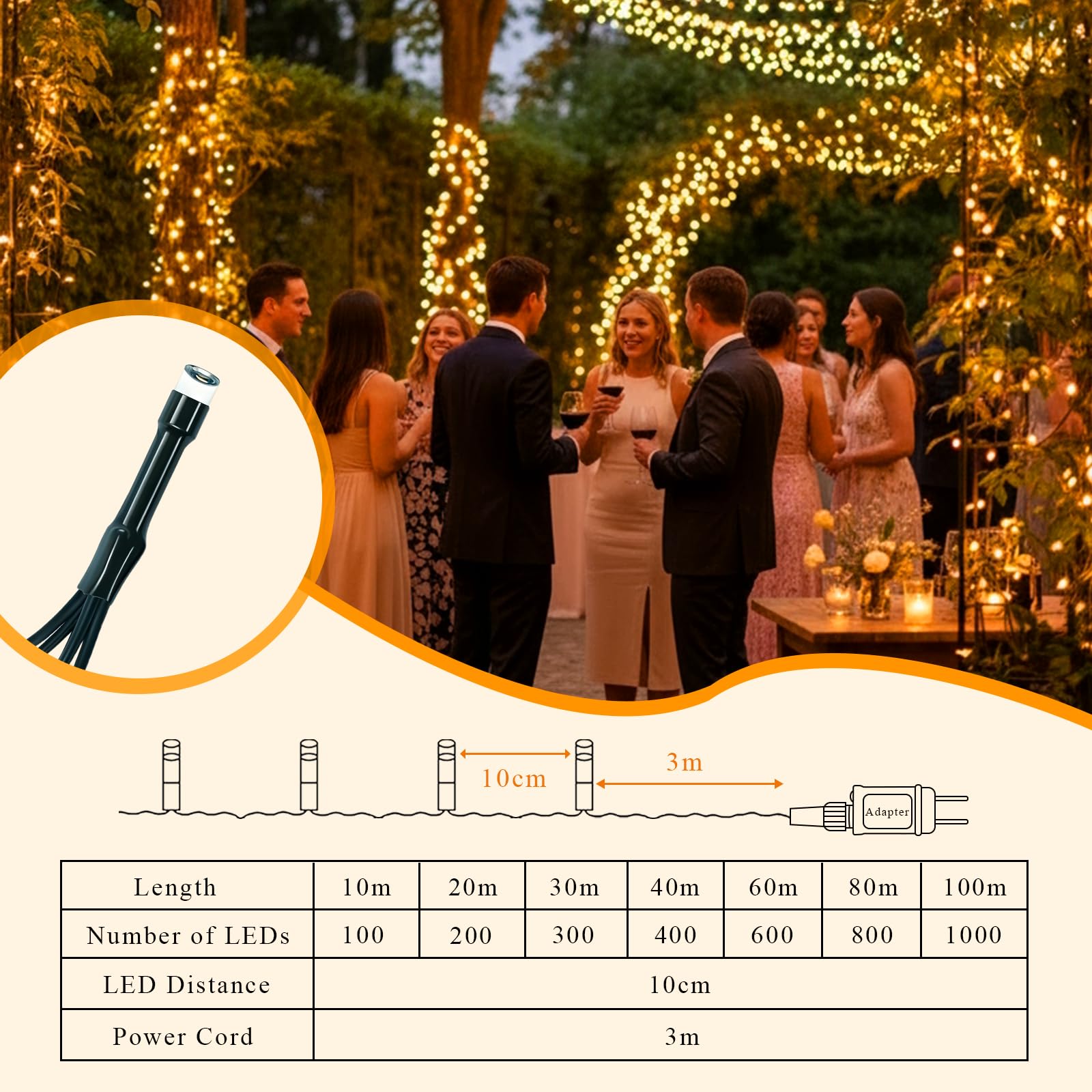 Guirlande Lumineuse Extérieure 100m 1000 LED Blanc Chaud, 8 Modes avec Prise 31V-7,2W, Mémoire et Minuterie, Étanche IP44, Câble vert Foncé, Idéale pour Mariage, Fête, Jardin, Noël