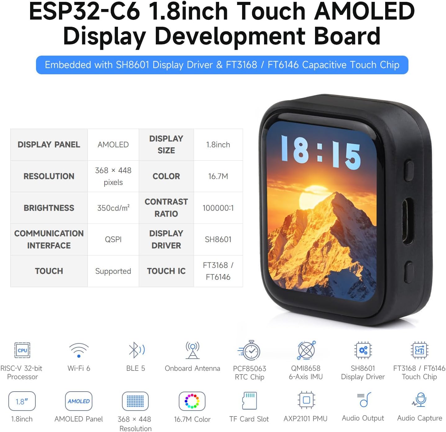 Waveshare ESP32-C6 1.8inch Touch AMOLED Display Development Board, 368 × 448 Resolution, Supports Wi-F 6, BLE 5 and Zigbee,No Batt