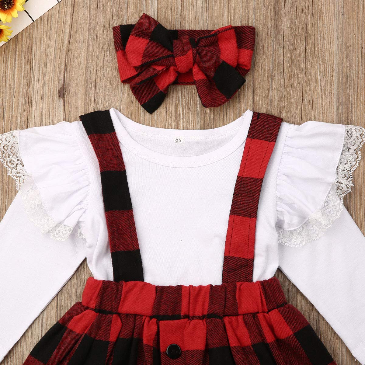 Toddler Baby Girls Christmas Skirt Outfit Long Sleeve Ruffle Plain T Shirts Plaid Overall Skirt Set (Red, 1-2 Years)