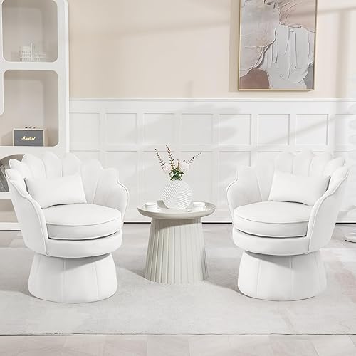 Miniatura 22 de Juego de 2 sillas de acento giratorias de 360°, silla de barril de terciopelo moderna de mediados de siglo, cómoda silla con reposabrazos con forma