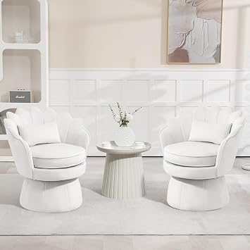 ZJhome 360 Swivel Accent Chairs Set of 2, Mid-Century Modern Velvet Barrel Chair, Comfy Shell Shape Arm Chair with Lumbar Pillow for Living Room, Bedroom, Office, White