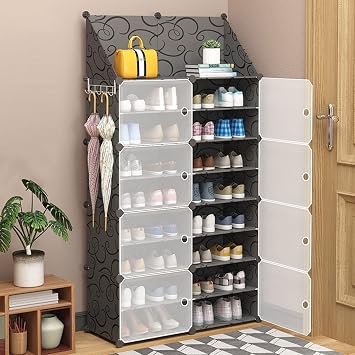 Shoe Rack 8 Tier Storage Cabinet with Doors, Key Holder, Portable Shoes Organizer, Expandable Sta...
