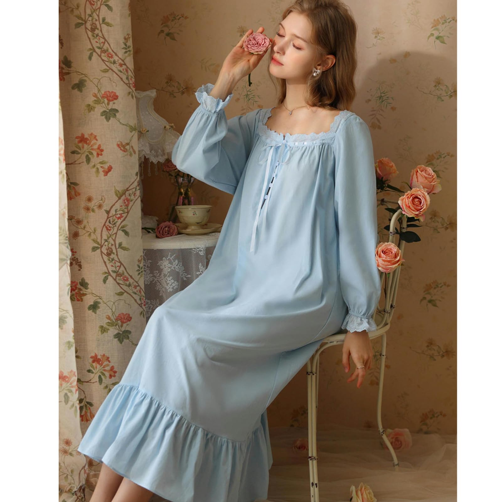 Camicia Notte Donna Palace Princess Style Nightdress Women Spring And Autumn Cotton Long Long Long Long Pigias Donne Plus Size Home-Manica Lunga Rosa-XL
