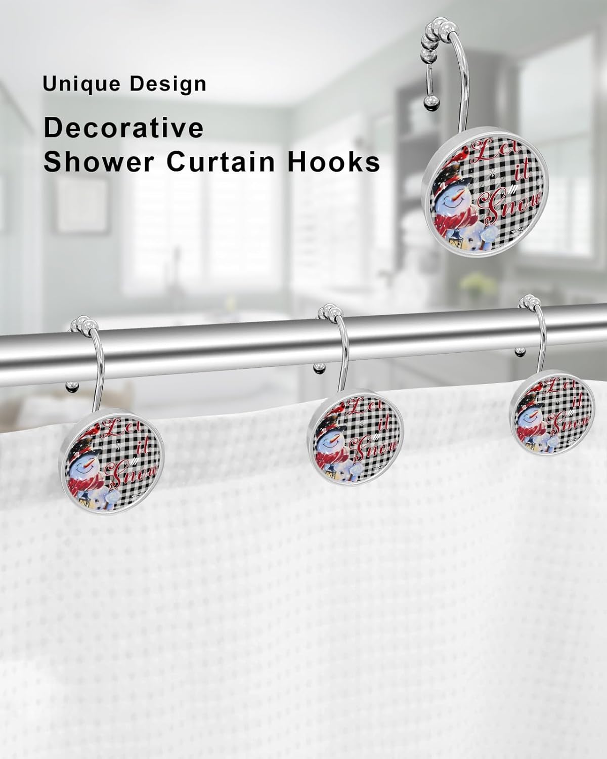 Snowman Shower Curtain Hooks, Red Christmas Snowman Snowflake Buffalo Plaid 12PCS Shower Curtain Hooks Rings for Bathroom Stainless Steel Rust Resistant Shower Curtain Hangers