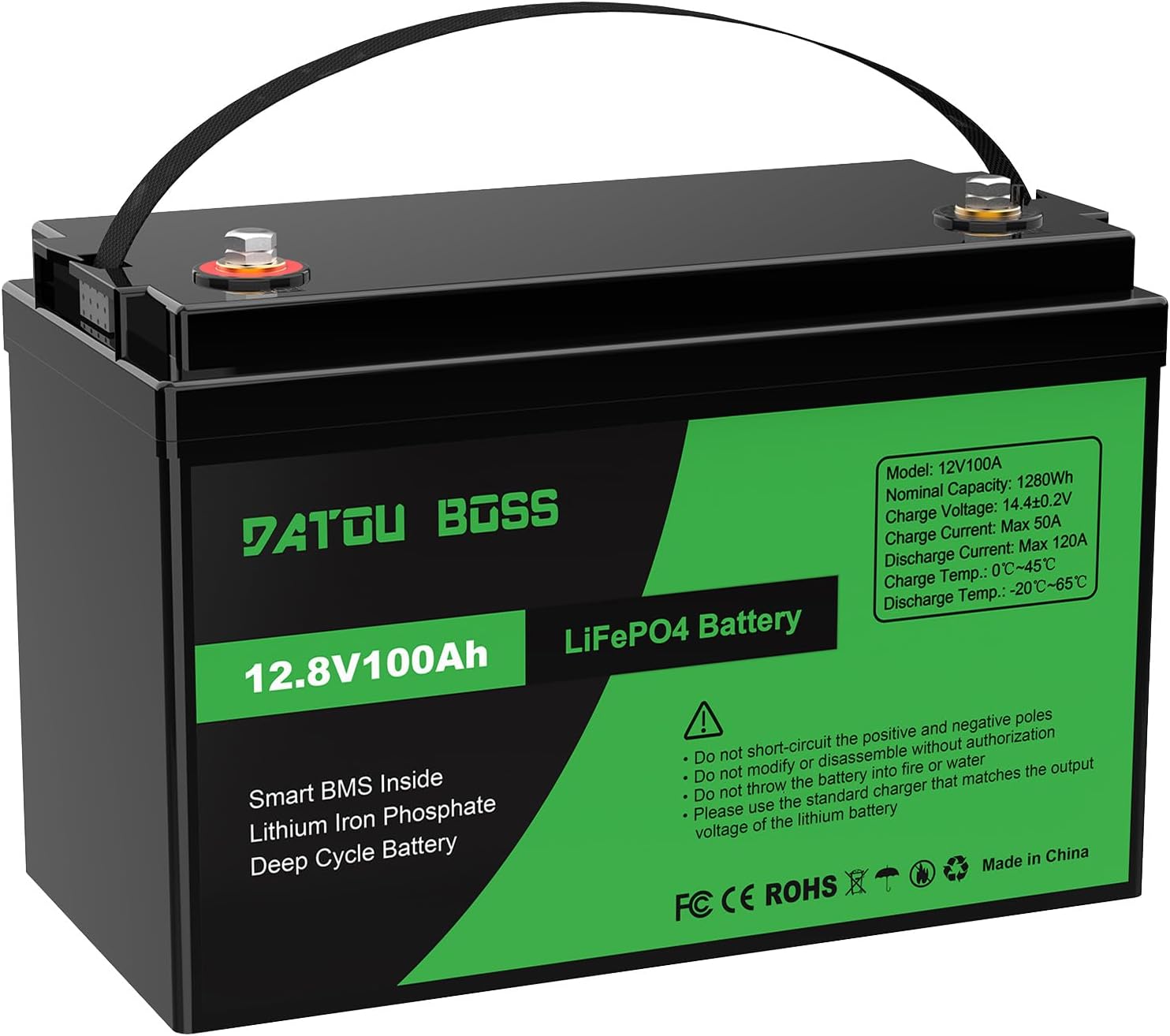 DATOUBOSS 12V 100Ah LiFePO4 Battery, 1280Wh 12V 100Ah Lithium Battery Built-in 100A BMS, 15000+ Deep Cycle Battery for RV, Solar, Trolling Motor & Camping (12V100Ah-Group 31)