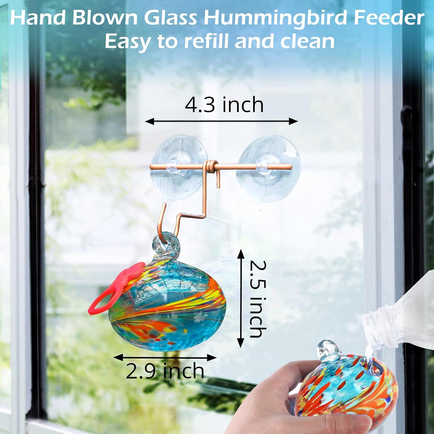 Window Hummingbird Feeder with Suction Cups,Hand-Blown Glass Hummingbird Feeders for Outdoors Window Mounted with Metal Hook,Close Bird Watching,Finch in Garden,Yard(Blue) - Image 3