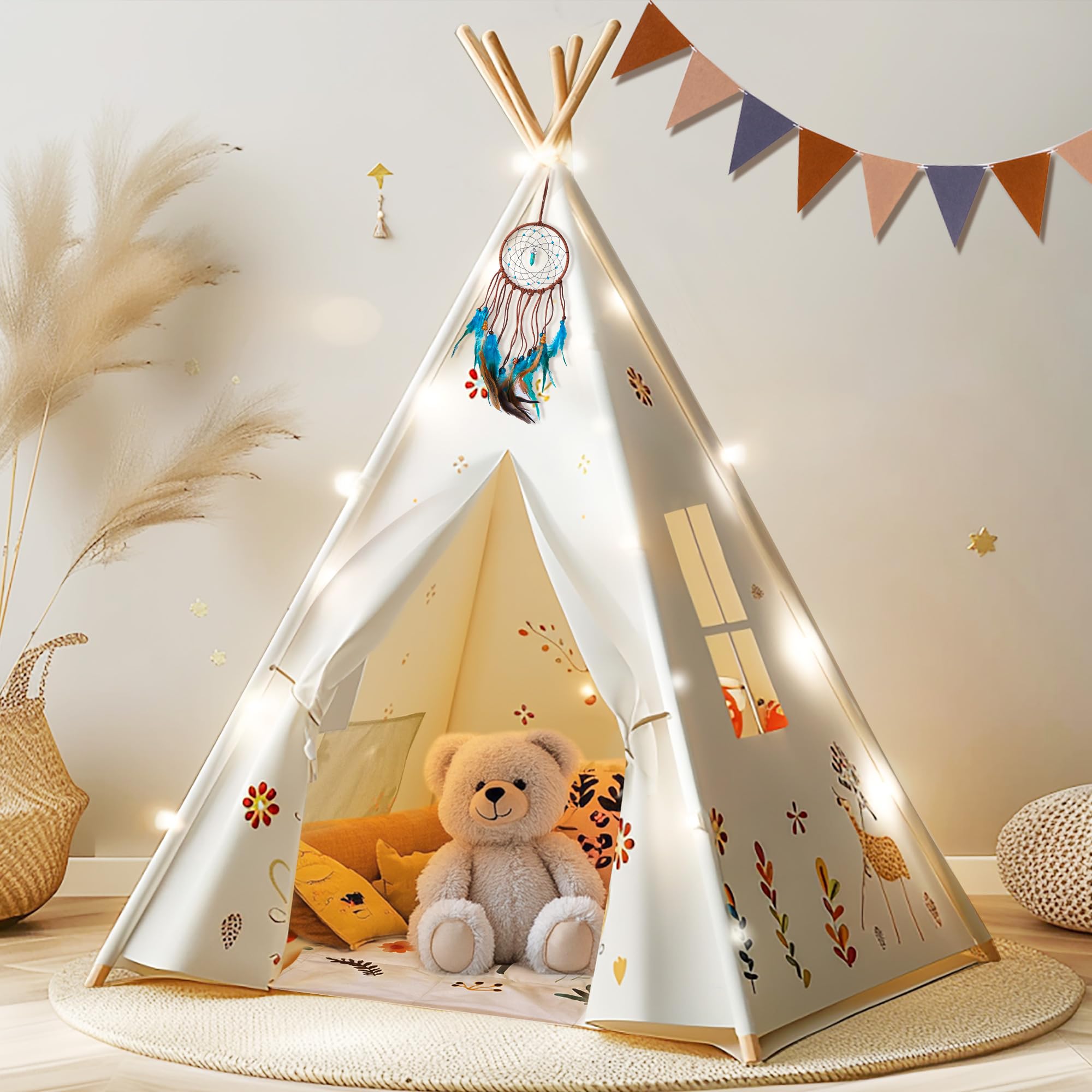 Teepee Tent for Kids, Natural Cotton Toddler Play Tent with Colorful Flags & Mat and Dream Catcher, Foldable Kids Teepee Tent Easy to Assemble for Girls & Boys