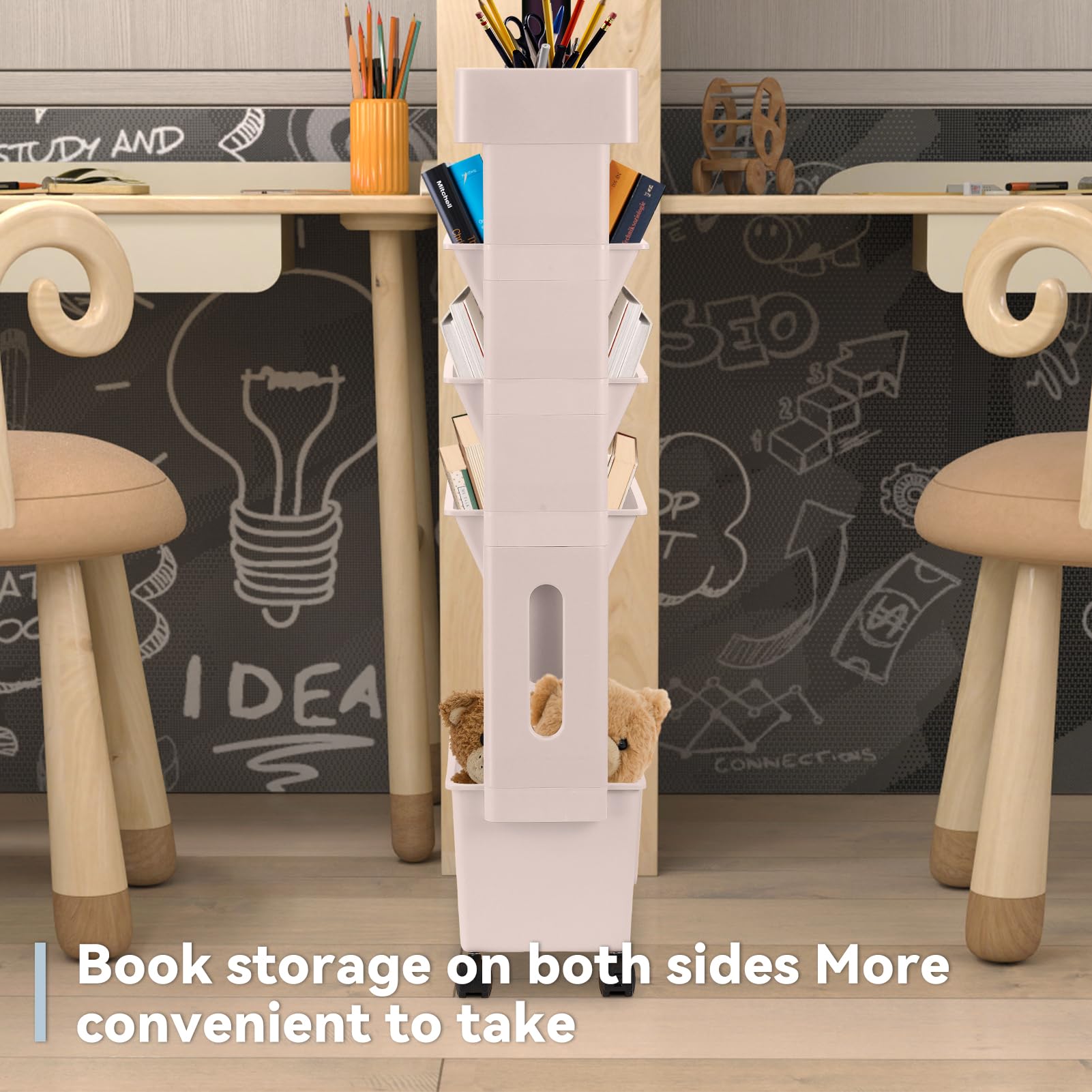 Scaffale Girevole Per Libri A 5 Livelli Con Ruote - Mobile, In Plastica, Bianco, Per Casa E Ufficio