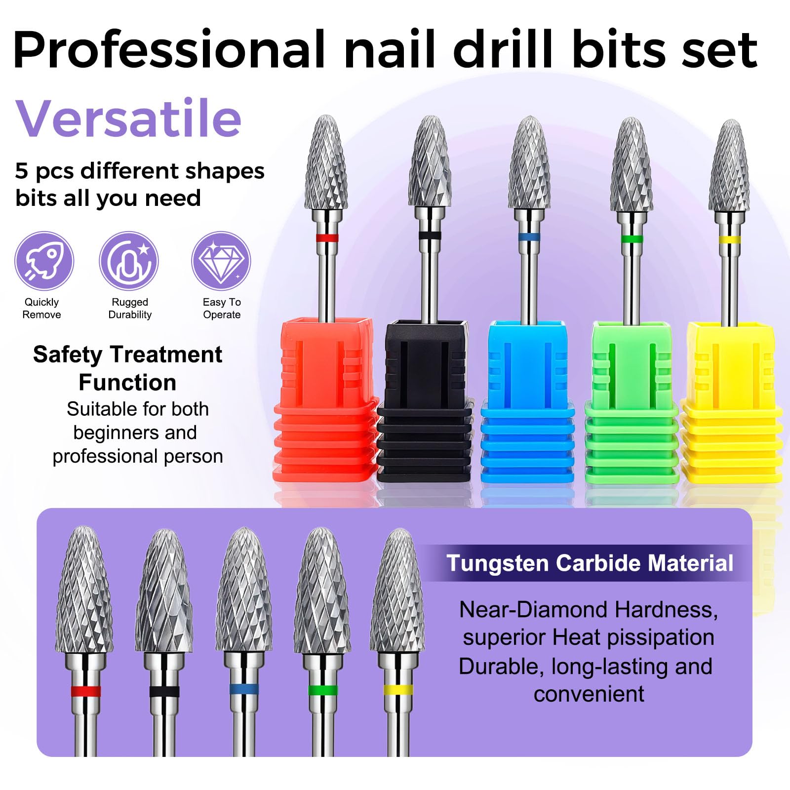 Fantexy uñas taladro conjunto para uñas de acrílico, 3/32 pulgadas profesional tungsteno uñas archivo bits uñas arte herramientas, manicura pedicura shapen quitar herramientas(5 piezas)