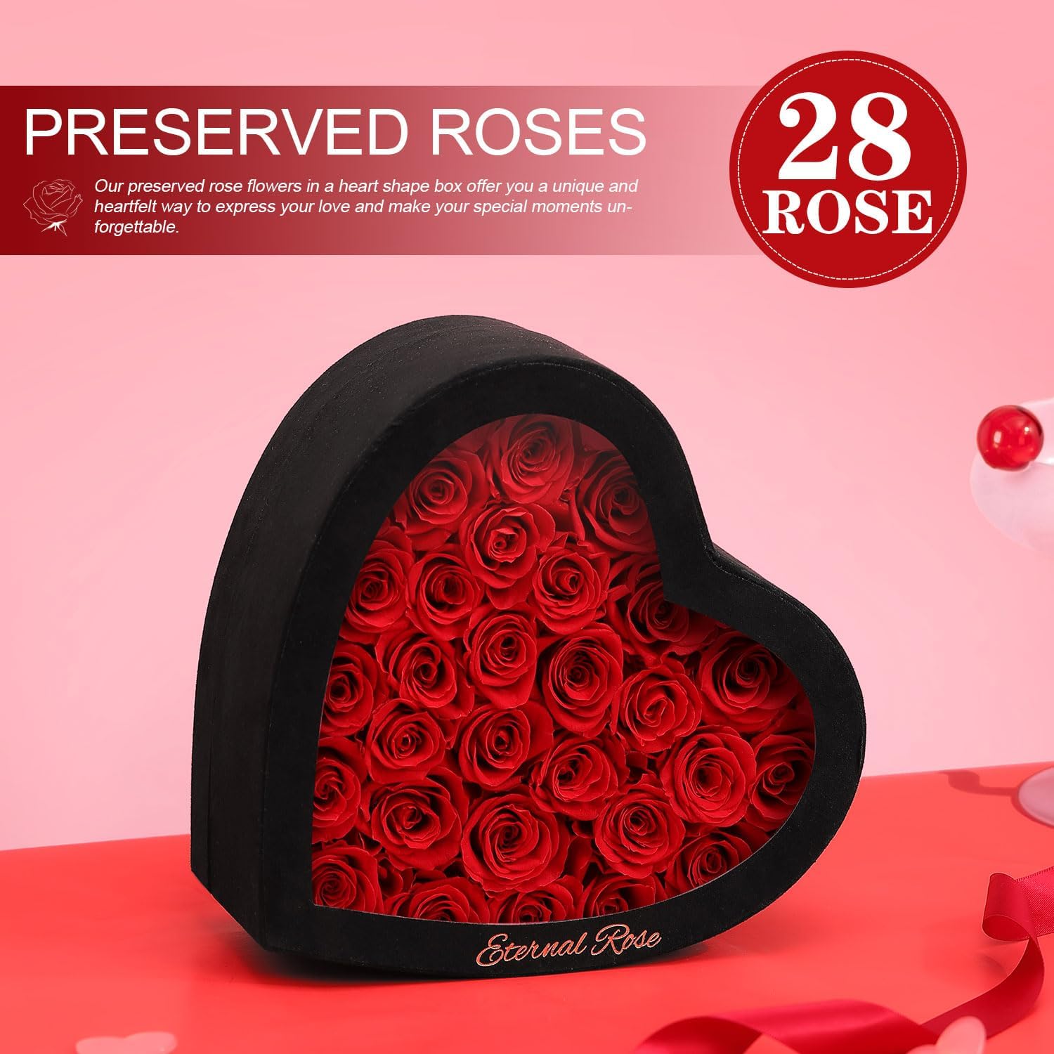 Valentines Day Roses Gifts for Her-Forever Flowers Roses In a Box Anniversary Birthday Gifts for Women Her Mom Girlfriend-Eternal Red Rose/28 Pcs Roses - Image 5