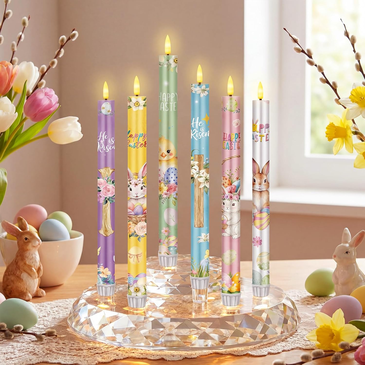 6 Pcs Easter Flameless Candle Set Spring Bunny He Is Risen Taper Candles with Battery Operated Floral Seasonal Celebration LED Candles with Remote Timers for Christian Easter Home Decor Gifts