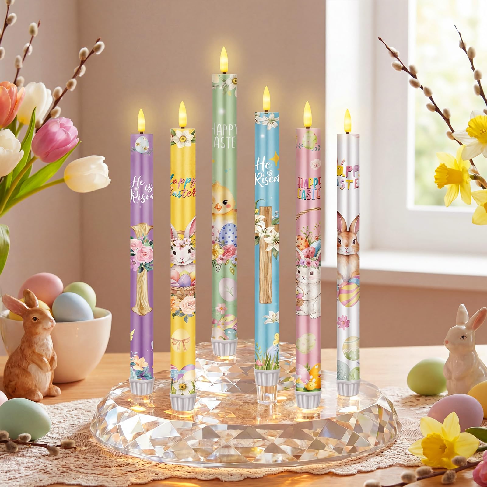 Aurelema 6 Pcs Easter Flameless Candle Set Spring Bunny He Is Risen Taper Candles with Battery Operated Floral Seasonal Celebration LED Candles with Remote Timers for Christian Easter Home Decor Gifts