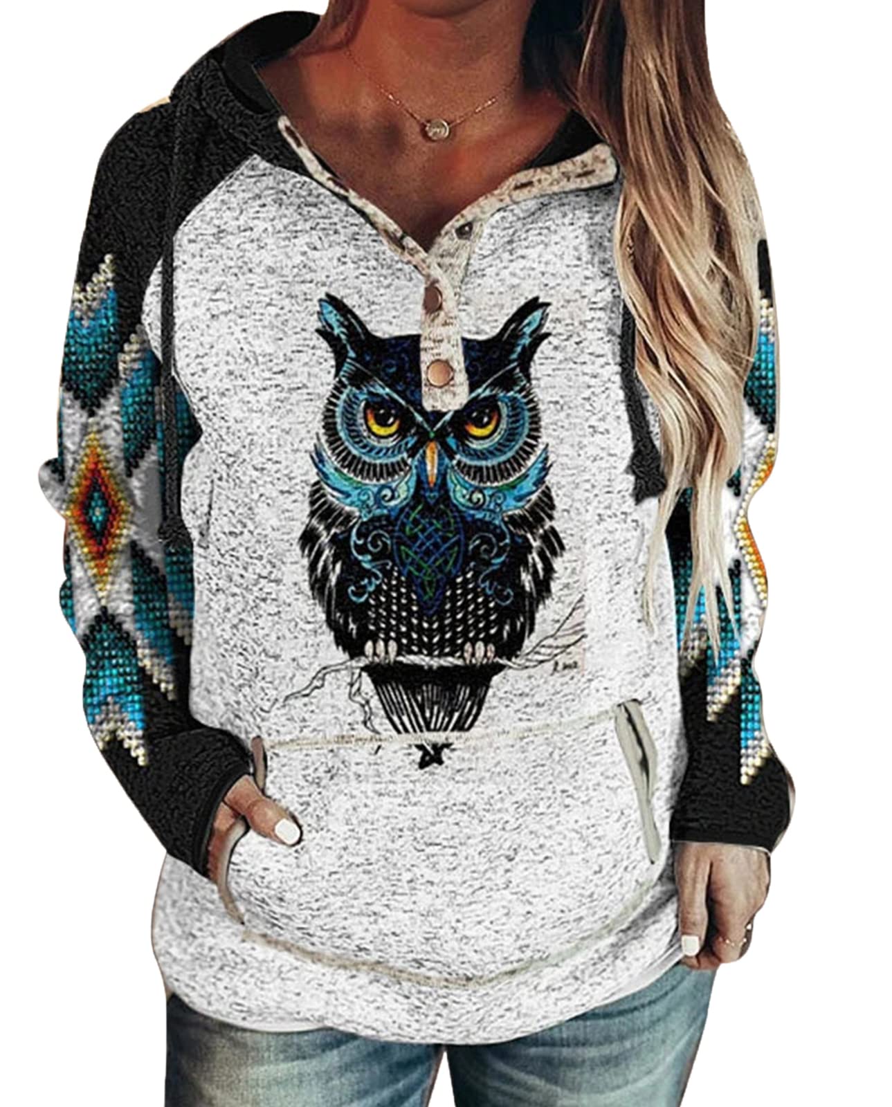 Women Wolf Print Hoodie - Animal Print Hooded Sweatshirt Owl Pattern Long Sleeve Pullover Top with Pocket