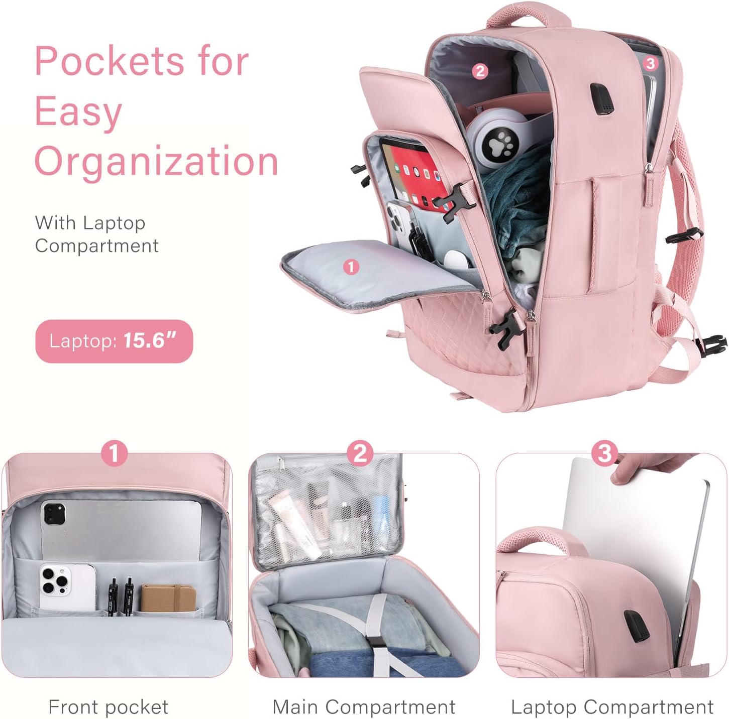 MOSISO 40L Travel Backpack for Women, Rhombus Quilted Flight Approved Carry on Daypack with USB Charging Port&Drawstring Bag, 17-17.3 inch Laptop Backpack for Office Work Travel Essentials, Pink - Image 4