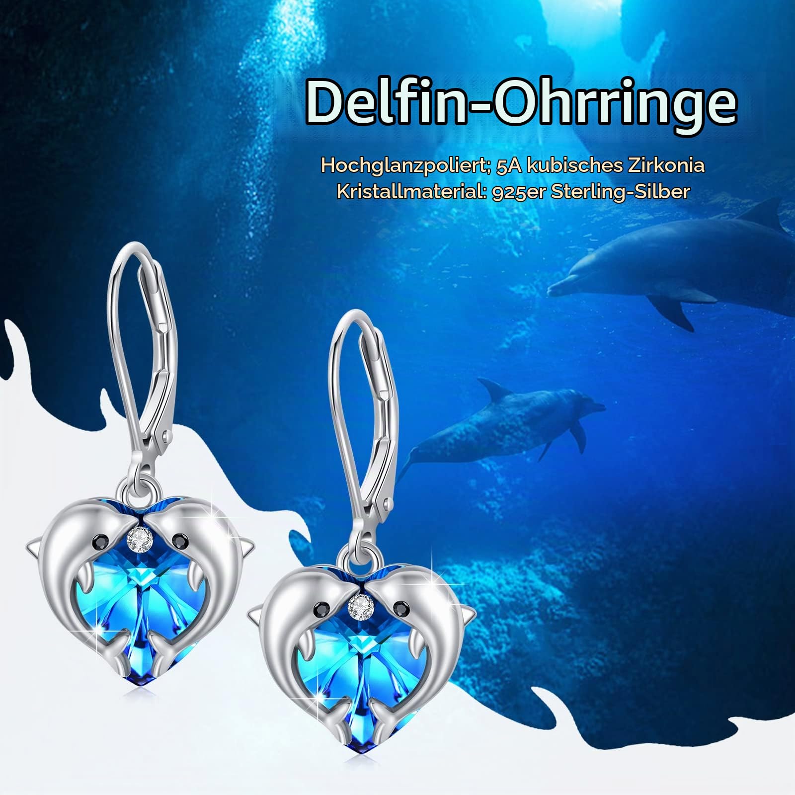 REDSUN Delfin Ohrringe Silber 925 Mädchen Dolphin Kristall Mondstein Hängend Ohrringe Herz Hängend Damen Delfin Schmuck Geschenk für Mädchen Mama Tochter Ehefrau Geschenk
