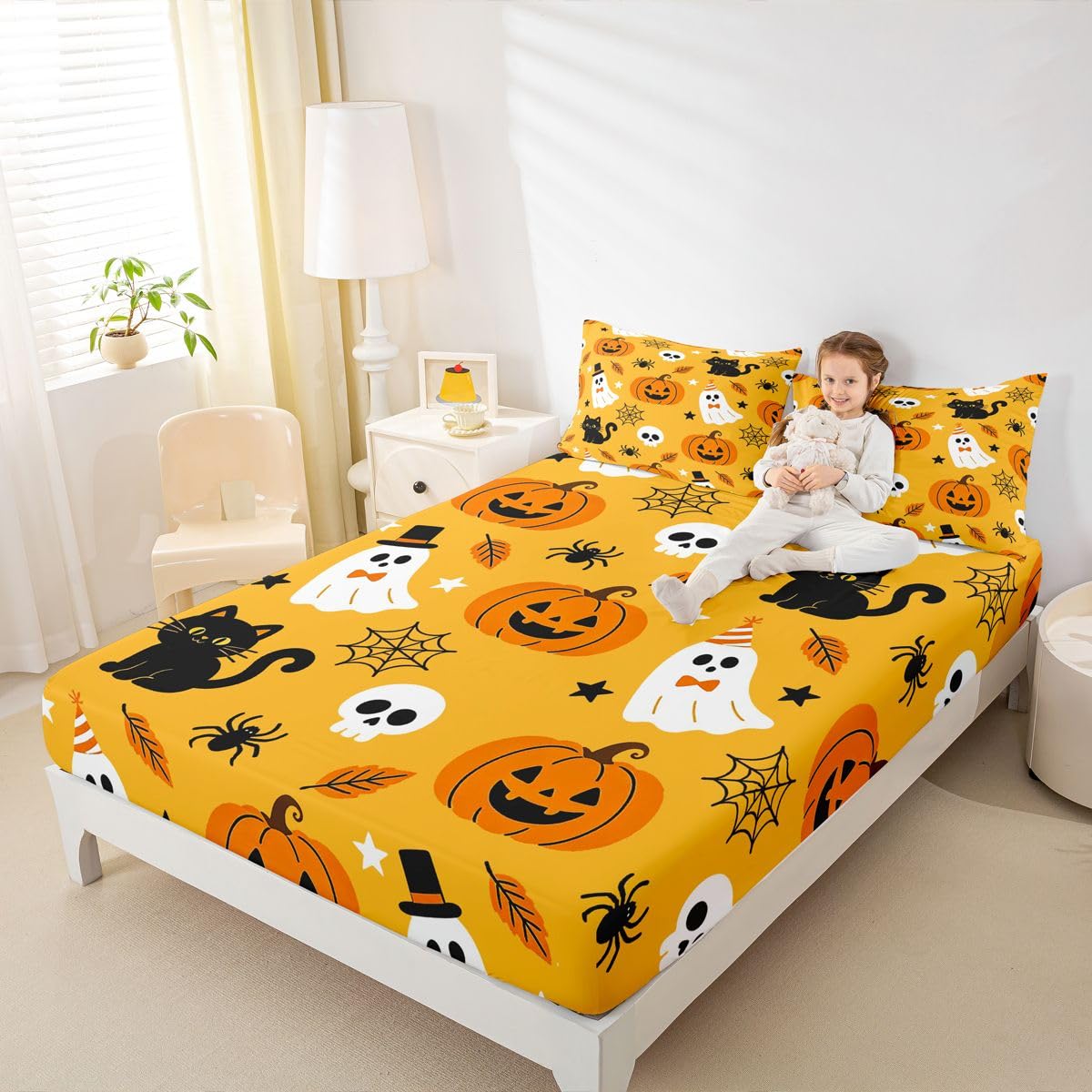 Homemissing Sábana bajera ajustable de Halloween con 2 fundas de almohada, tamaño King, con bolsillo profundo de 40,6 cm, para niños y niñas, decoración de dormitorio de adolescentes (sin sábana