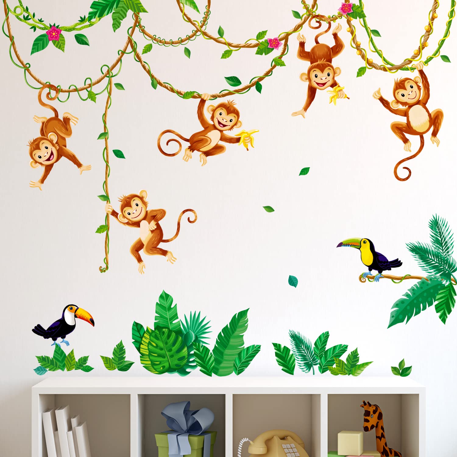 DECOWALL DWL-2013 Monkeys in Jungle Kids Wall Stickers Decals Peel and Stick Removable for Nursery Bedroom Living Room Art murals Decorations